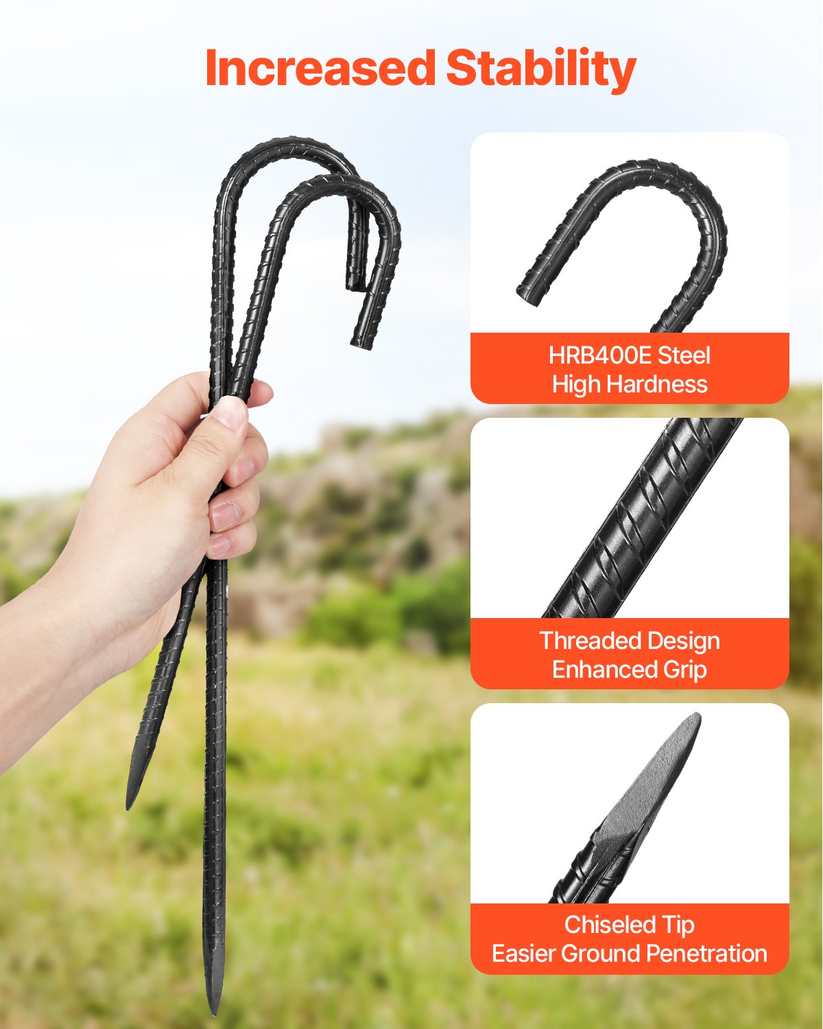 VEVOR Ground Anchors, 304.8 mm, J-Type with 10 mm Diameter, Galvanized Tent Pegs, Ground Anchors, Ground Nails, Tent Pegs, for Tents, Canopies, Camping, Trampolines, Flower Stands (Pack of 16)