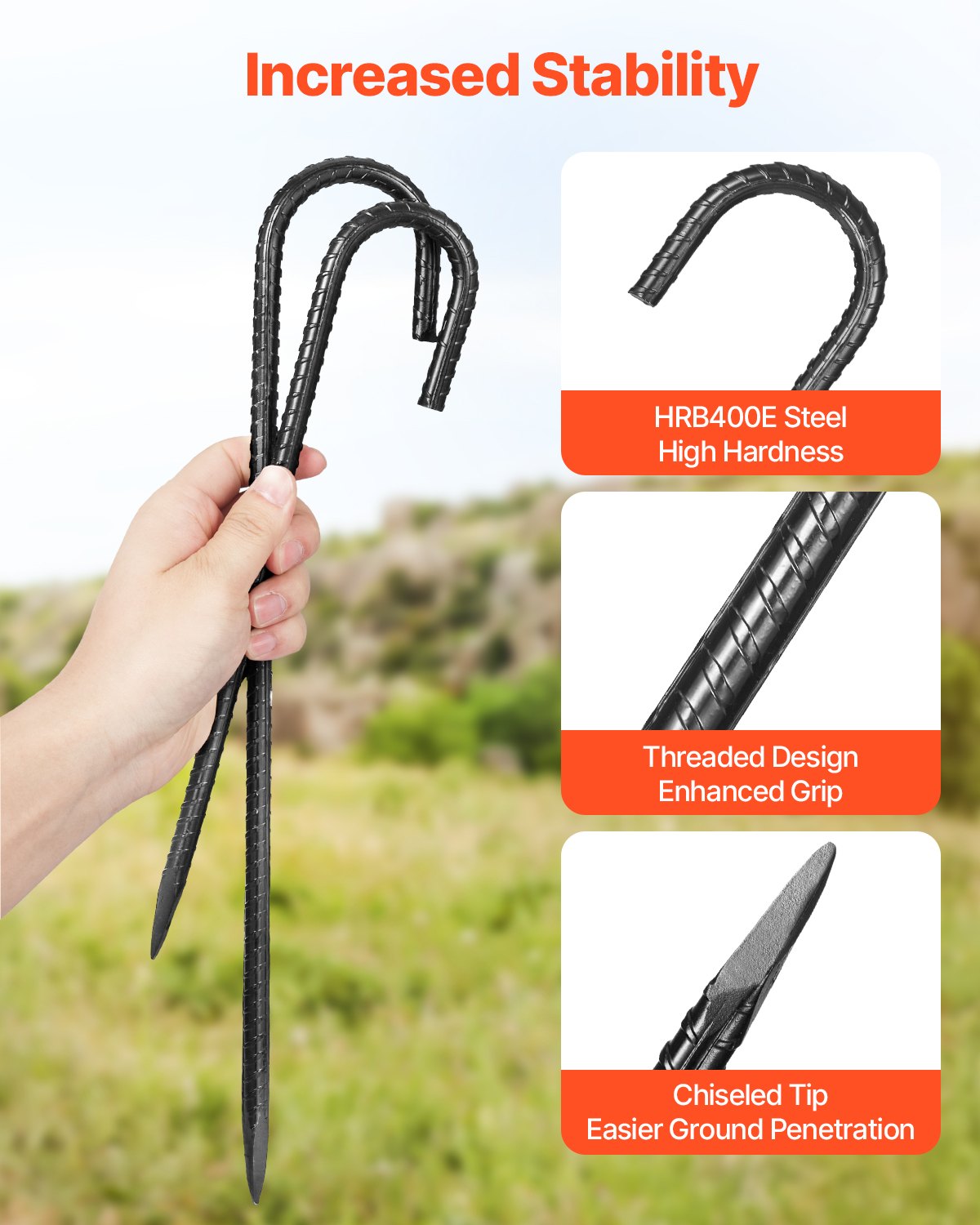 VEVOR 24 PCS Estacas de Varilla de Refuerzo 406,4 mm con Gancho en J  de Diámetro 1 cm, Anclajes de Acero Galvanizado con Punta de Cincel y Revestimiento Resistente a la Oxidación para Jardinería
