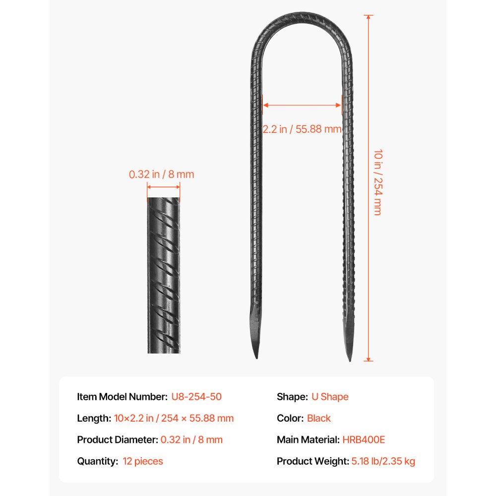 VEVOR 12 PCS Estacas de Refuerzo en Forma de U de 254 x 55,88 mm de Acero Galvanizado con Punta de Cincel y Revestimiento Resistente a la Oxidación para Jardinería, Cercas y Tiendas de Campaña