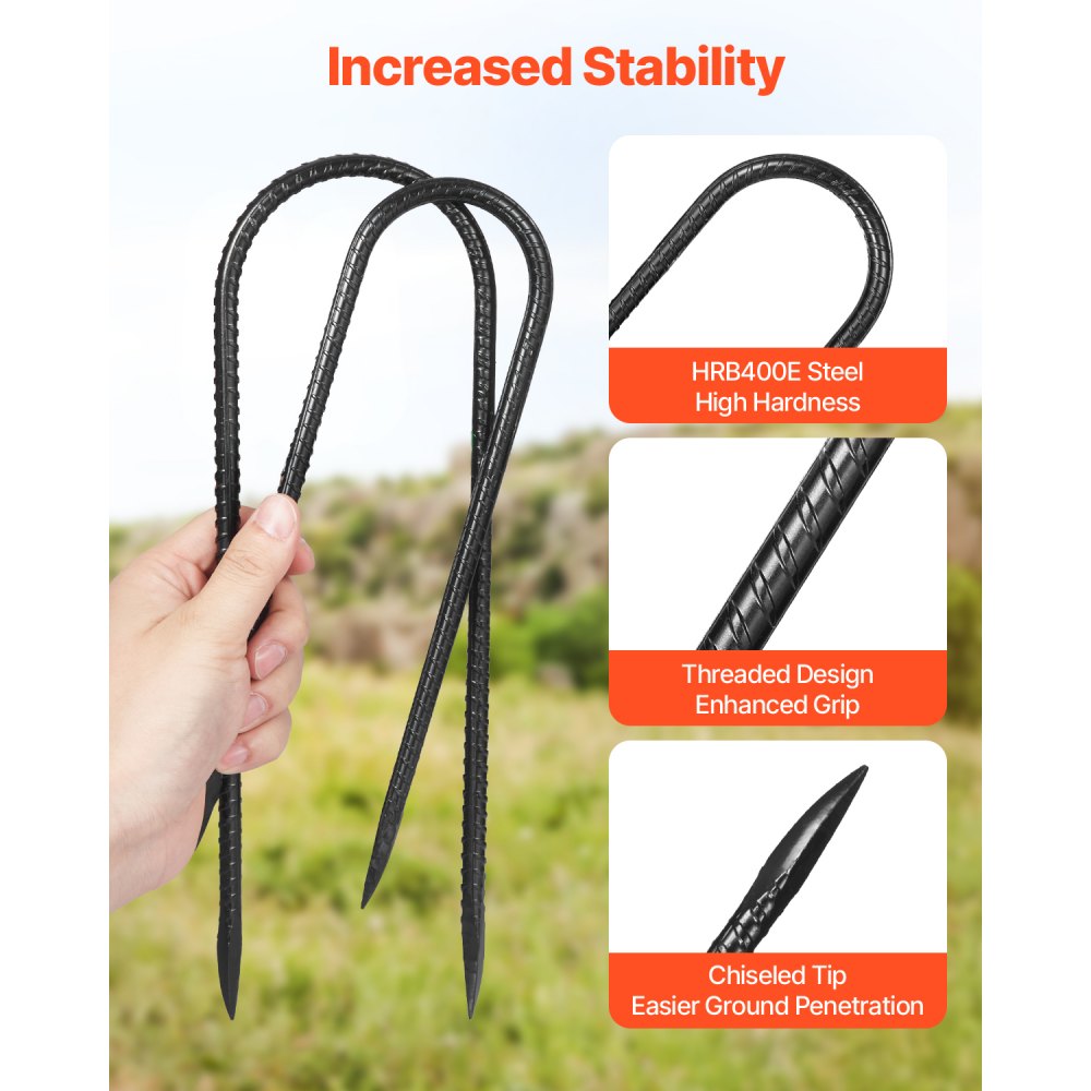 VEVOR Ground Anchors, 254x55.88 mm, U-Type with 8 mm Diameter, Galvanized Tent Pegs, Ground Anchors, Ground Nails, Tent Pegs, for Tents, Canopies, Camping, Trampolines, Flower Stands (Pack of 12)