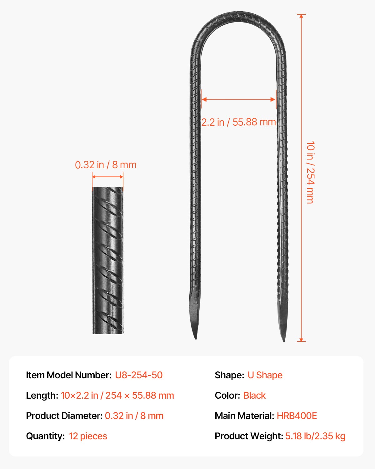 VEVOR Ground Anchors, 254x55.88 mm, U-Type with 8 mm Diameter, Galvanized Tent Pegs, Ground Anchors, Ground Nails, Tent Pegs, for Tents, Canopies, Camping, Trampolines, Flower Stands (Pack of 12)