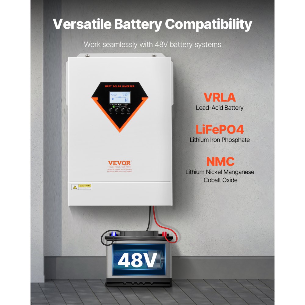 VEVOR Inversor solar híbrido de 6000 W, inversor/cargador de onda sinusoidal pura todo en uno, de 48 V CC a 220/230 V CA monofásico, con controlador solar MPPT de 120 A integrado, para sistemas aislados de baterías de plomo-ácido y litio