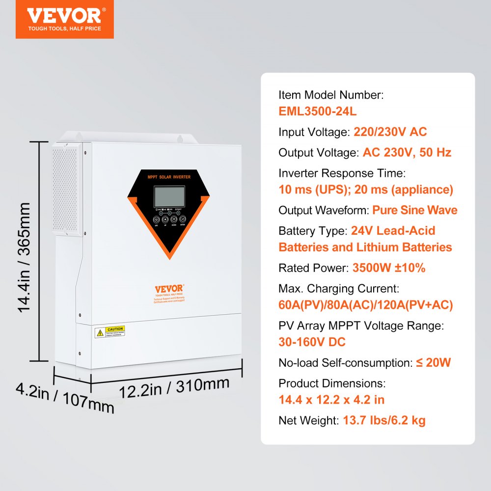VEVOR Inversor Híbrido de 3500W Inversor Solar Híbrido 230 V CA Cargador Fuera de la Red de Onda Sinusoidal Pura con Controlador de Carga Solar MPPT de 60 A Incorporado, Carga Híbrida, Utilidad, Solar