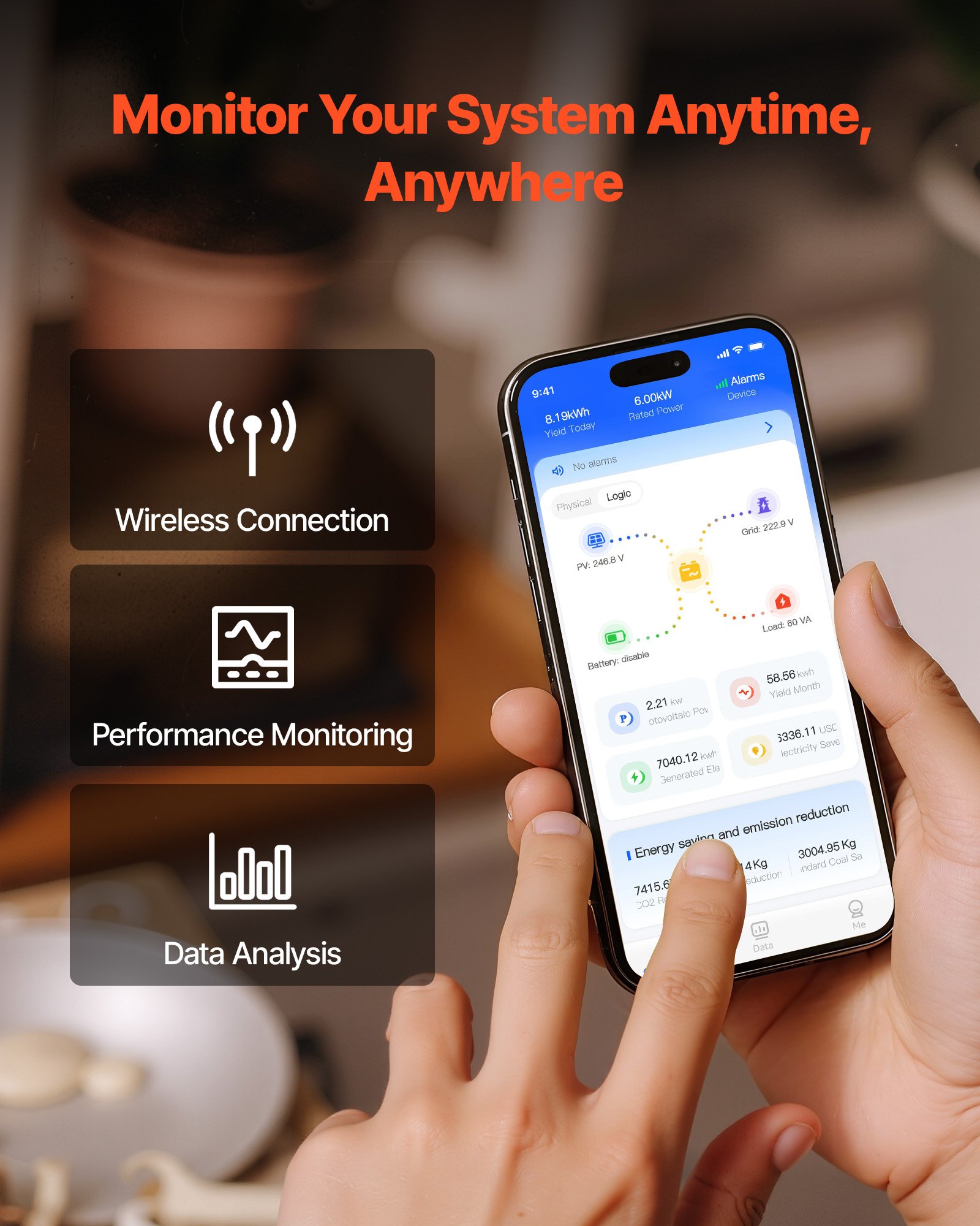 VEVOR Inversor Solar Híbrido 4000 W, Onda Sinusoidal Pura, Controlador MPPT Integrado 120 A, Módulo Compatible con Wi-Fi, Batería de Plomo-Ácido de Litio para Sistemas Solares Aislados de la Red