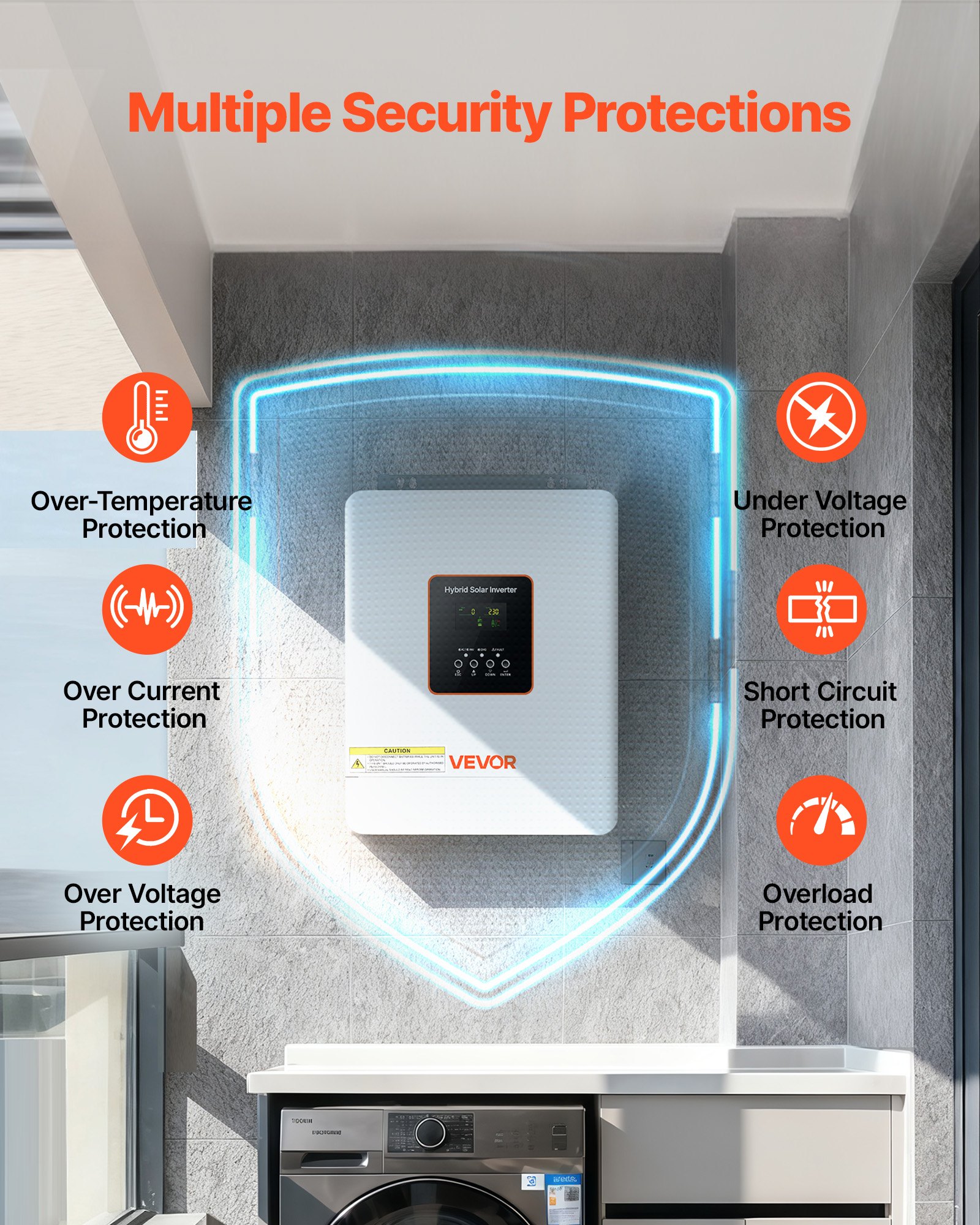 VEVOR Inversor Solar Híbrido de 3000 W, Onda Sinusoidal Pura, Controlador de Carga Solar MPPT Integrado de 80 A, Compatible con Baterías de Plomo-Ácido de Litio, Nivel de Ruido < 50 dB, Blanco