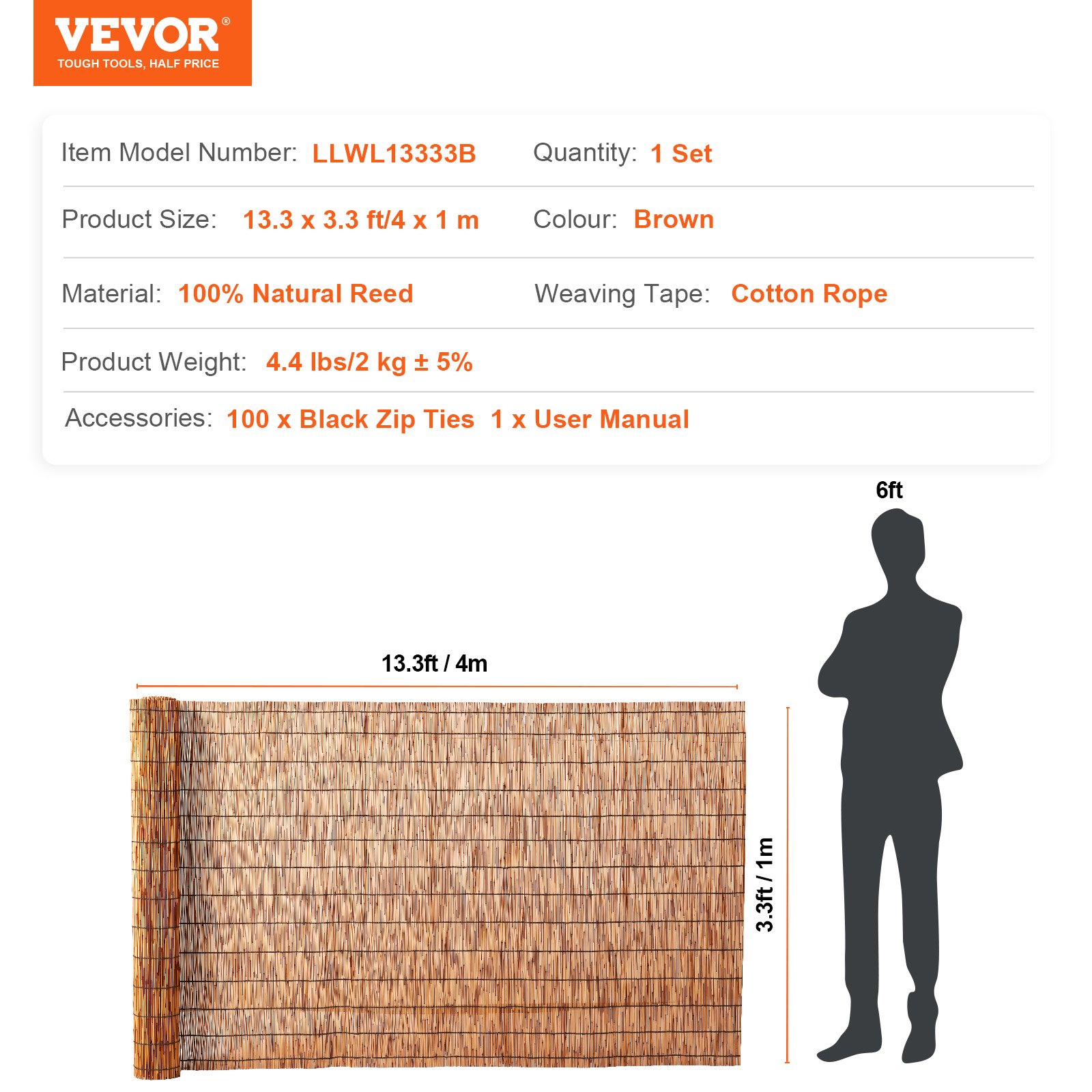 VEVOR Valla de Caña Natural 4x1 m Cortina de Caña para Balcón Rollo de Valla de Caña para Patio al Aire Libre Valla Pantalla de Caña Natural Decorativa para Privacidad, Jardín, Patio, Balcón, Marrón