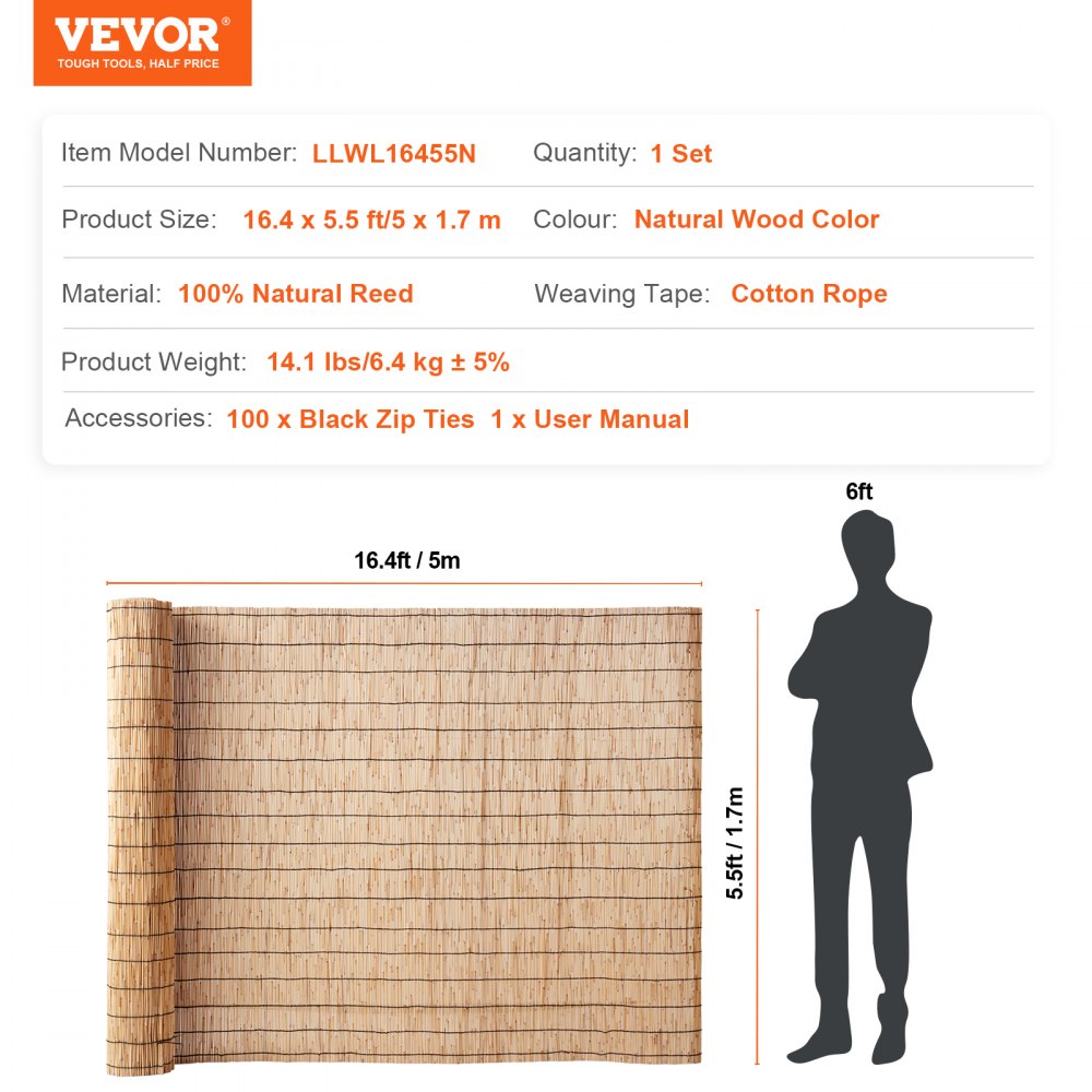 VEVOR Valla de Caña Natural 5x1,7 m Cortina de Caña para Balcón Rollo de Valla de Caña para Patio al Aire Libre Valla Pantalla de Caña Natural Decorativa para Privacidad, Jardín, Patio, Balcón