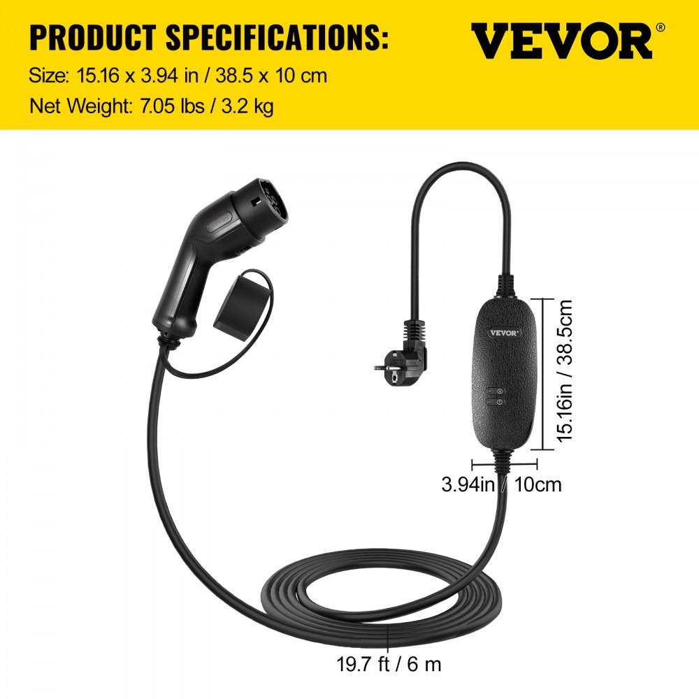 VEVOR Cargador Portátil para Vehículo Eléctrico de 10A Tipo 2, Cargador de Coche EV con 6m de Longitud del Cable, Cargador de Coche Eléctrico para Coche Eléctrico que Cumple con la Norma IEC 62196-2
