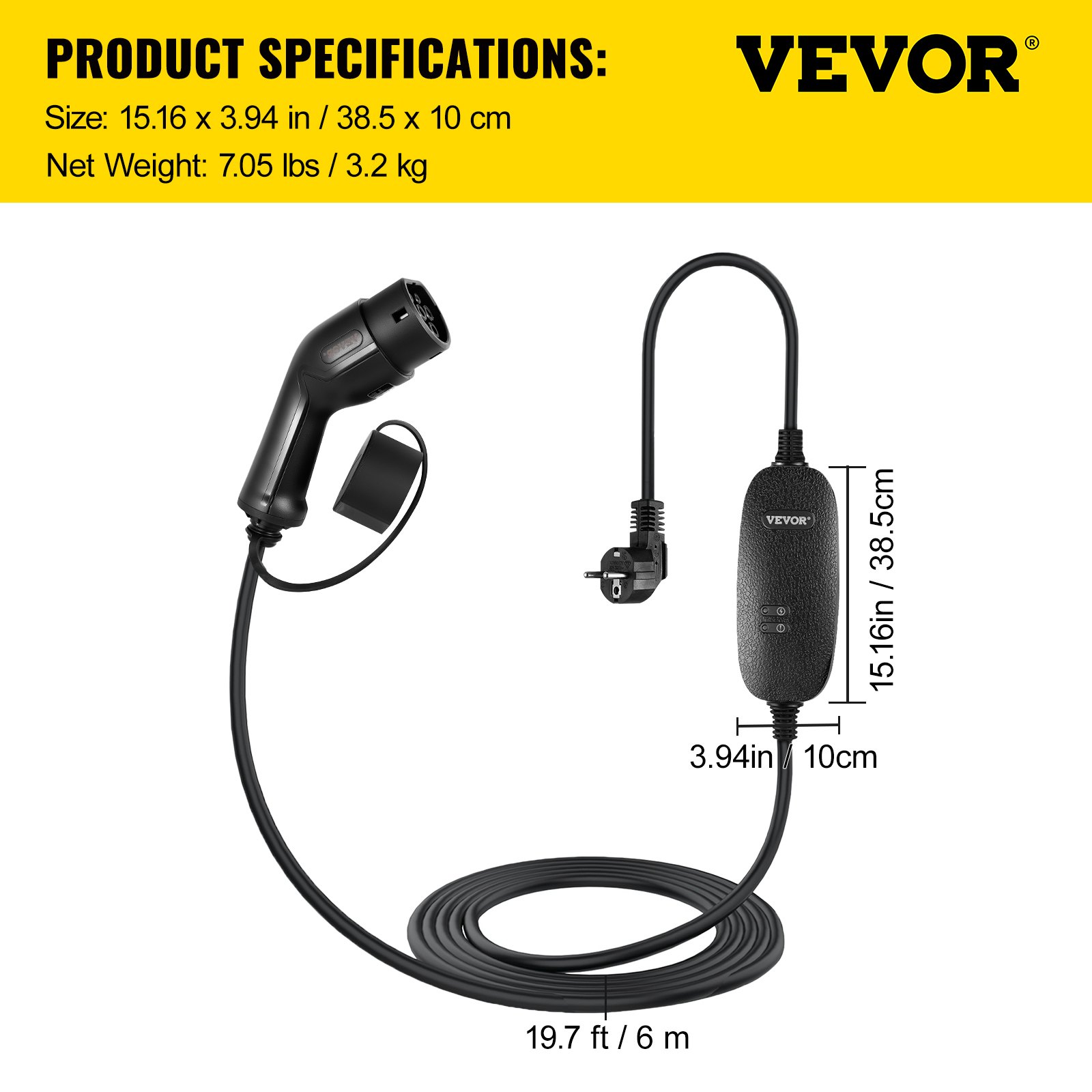 VEVOR Cargador Portátil para Vehículo Eléctrico de 10A Tipo 2, Cargador de Coche EV con 6m de Longitud del Cable, Cargador de Coche Eléctrico para Coche Eléctrico que Cumple con la Norma IEC 62196-2