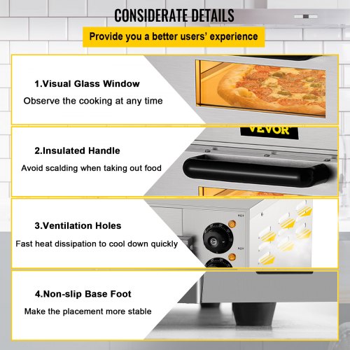 VEVOR Horno de Pizza Eléctrico 2000W Horno de Acero Inoxidable 56 x 47,5 x 26,5 cm Tostador para Pizza 122-662 ℉ para Cocinar Pizza, Sándwiches, Pretzels, Plato Horneado, Patata, Pan, Pastel, Tarta
