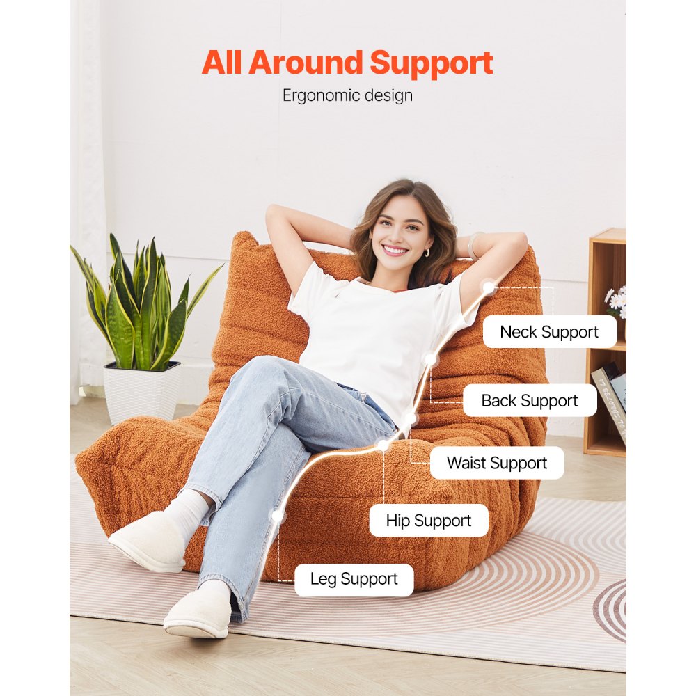 VEVOR L-shaped beanbag chair (99 x 92 x 72 cm) with armrests and storage bag, filled with 25D memory foam with a soft teddy velvet cover, beanbag for bedroom, brown