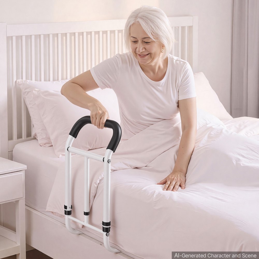 VEVOR Barandilla de Cama para Adultos hasta 90,7 kg Base Ajustable 550-760 mm, con Altura de 500-668 mm, Asa Antideslizante y Acero al Carbono para Personas Mayores, Embarazadas y Movilidad Reducida