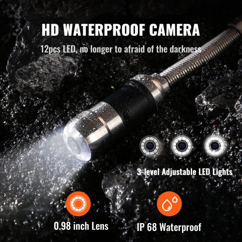 VEVOR Cámara de Inspección de Tuberías Cable de 20m Cámara de Inspección Pantalla de 7" Endoscopio con IP68 Impermeable DVR 12 LED Tarjeta SD 16GB para Tuberías Alcantarillado Hogar Fontanería 1000TVL