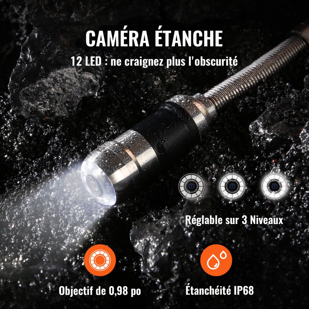 VEVOR Professional 7" 480p Pipe Camera 30m Sewer Camera Endoscope 1000TVL Inspection Camera 130° Viewing Angle 25mm Camera Diameter 4500 mAh Battery for 6 Hours Endoscope Camera Pipe DVR & Photo Recording