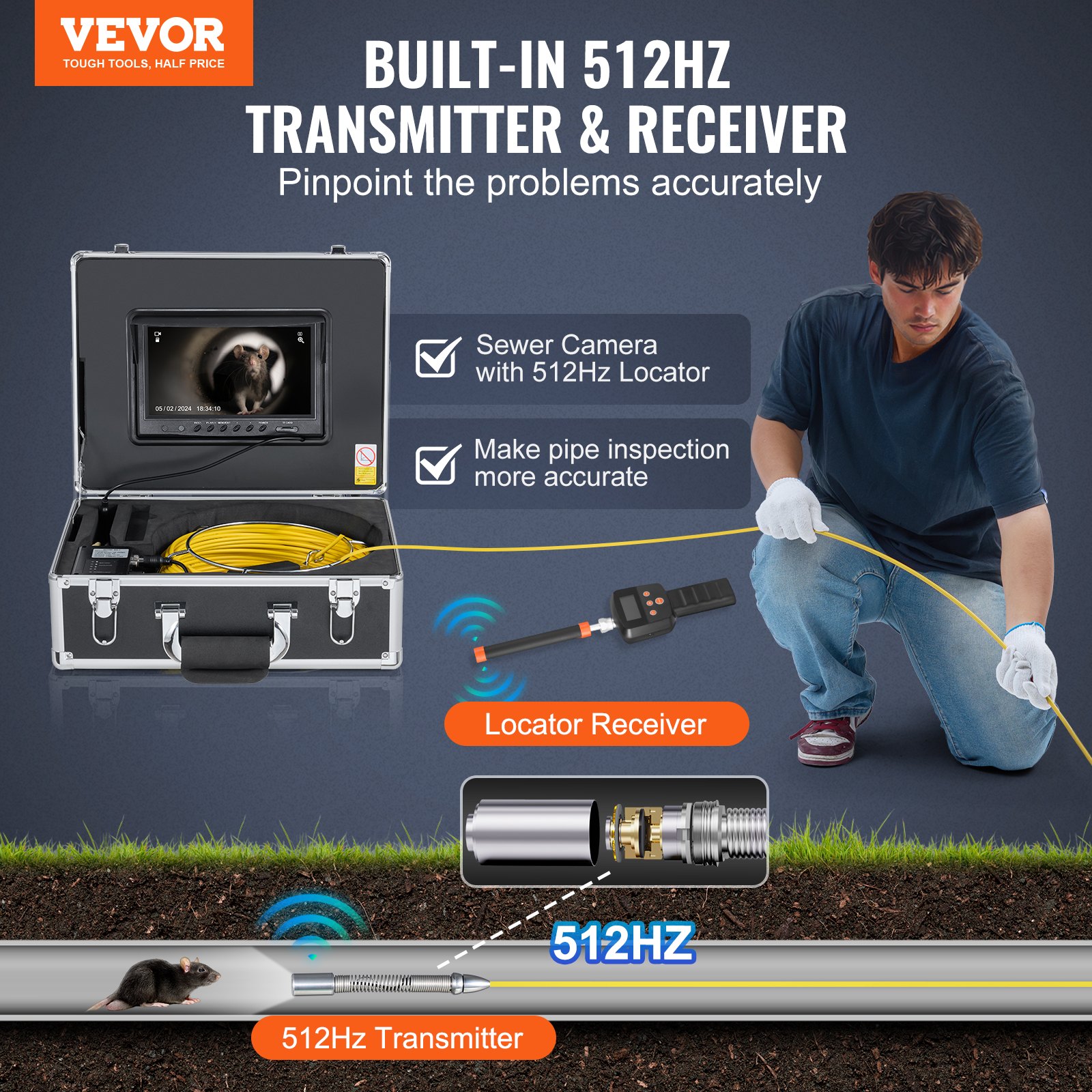 VEVOR sewer camera with 512 Hz locator, 50 m range, 9-inch self-leveling pipe inspection camera, 36x zoom, 12 LED endoscope, 32 GB card, IP68 waterproof pipe camera for sewer pipes
