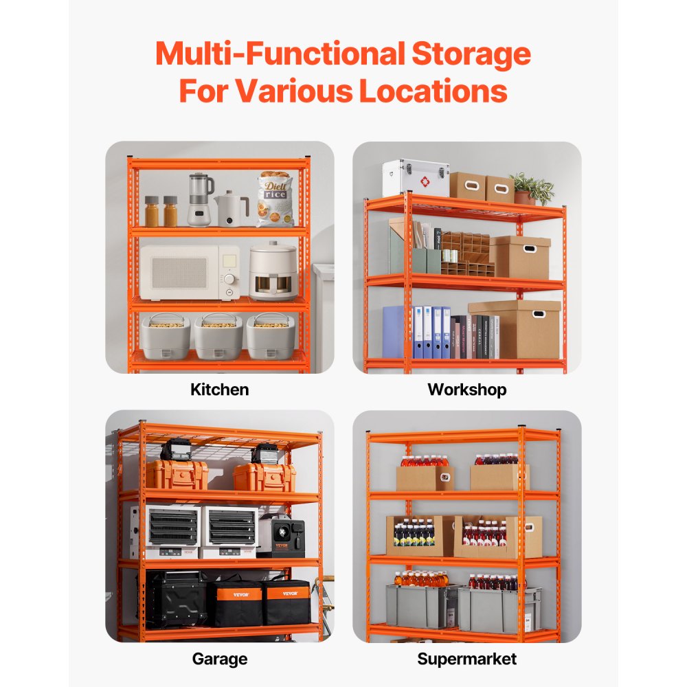 VEVOR Storage Shelving, 1134 kg, 5-Tier Heavy-Duty Shelving for Garage, 457.2 x 1219.2 x 1828.8 mm, Adjustable Shelving Unit for Industrial Storage, General Purpose Shelving, Basement Shelving for Kitchen, Warehouse, Cellar, Orange