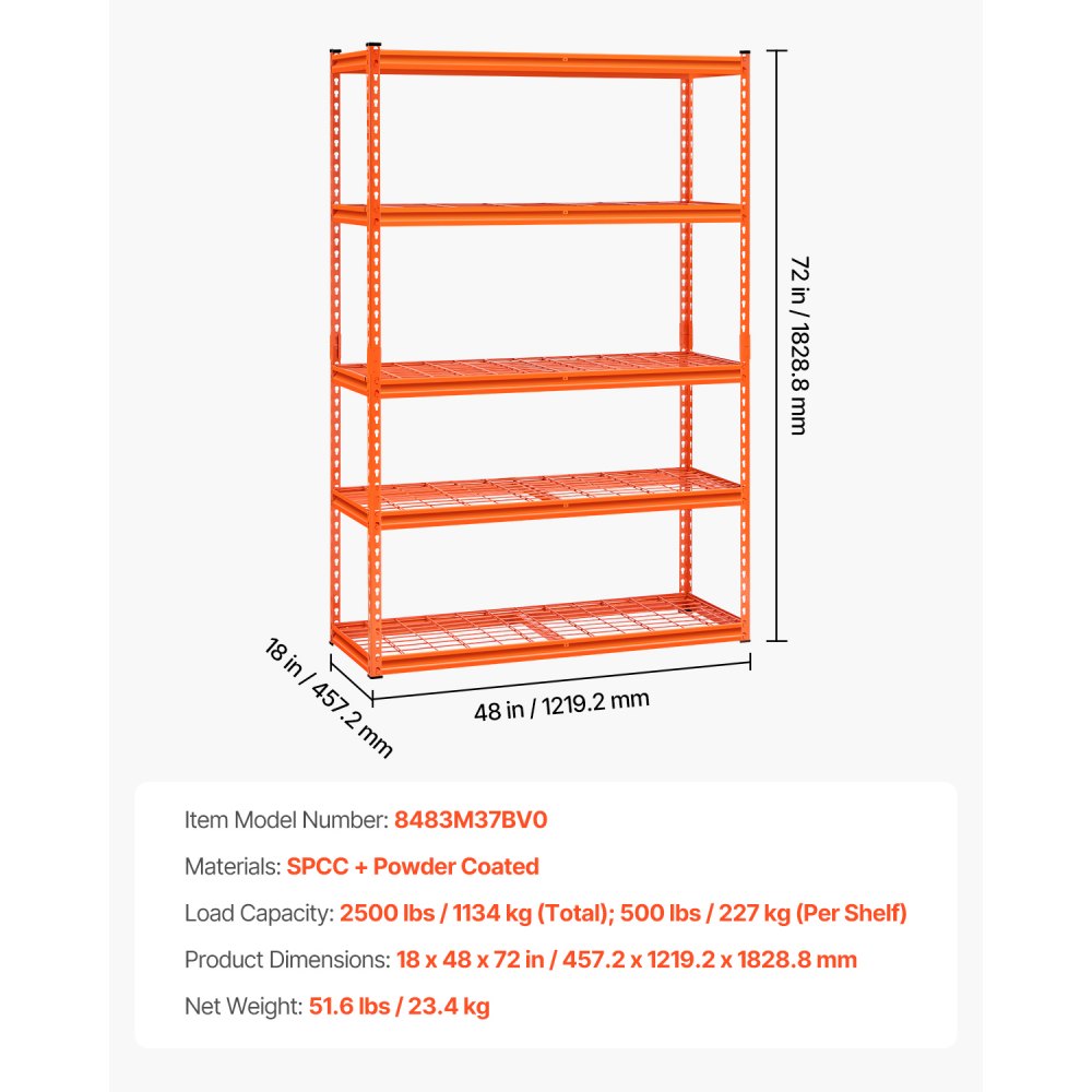 VEVOR Storage Shelving, 1134 kg, 5-Tier Heavy-Duty Shelving for Garage, 457.2 x 1219.2 x 1828.8 mm, Adjustable Shelving Unit for Industrial Storage, General Purpose Shelving, Basement Shelving for Kitchen, Warehouse, Cellar, Orange