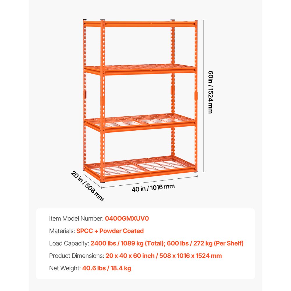 VEVOR Storage Shelving, 1089 kg, 4-Tier Heavy-Duty Shelving Unit for Garage, 508x1016x1524mm, Adjustable Boltless Shelving Unit for Industrial Shelving, All-Purpose Shelving, Basement Shelving for Kitchen, Storage, Cellar, Orange