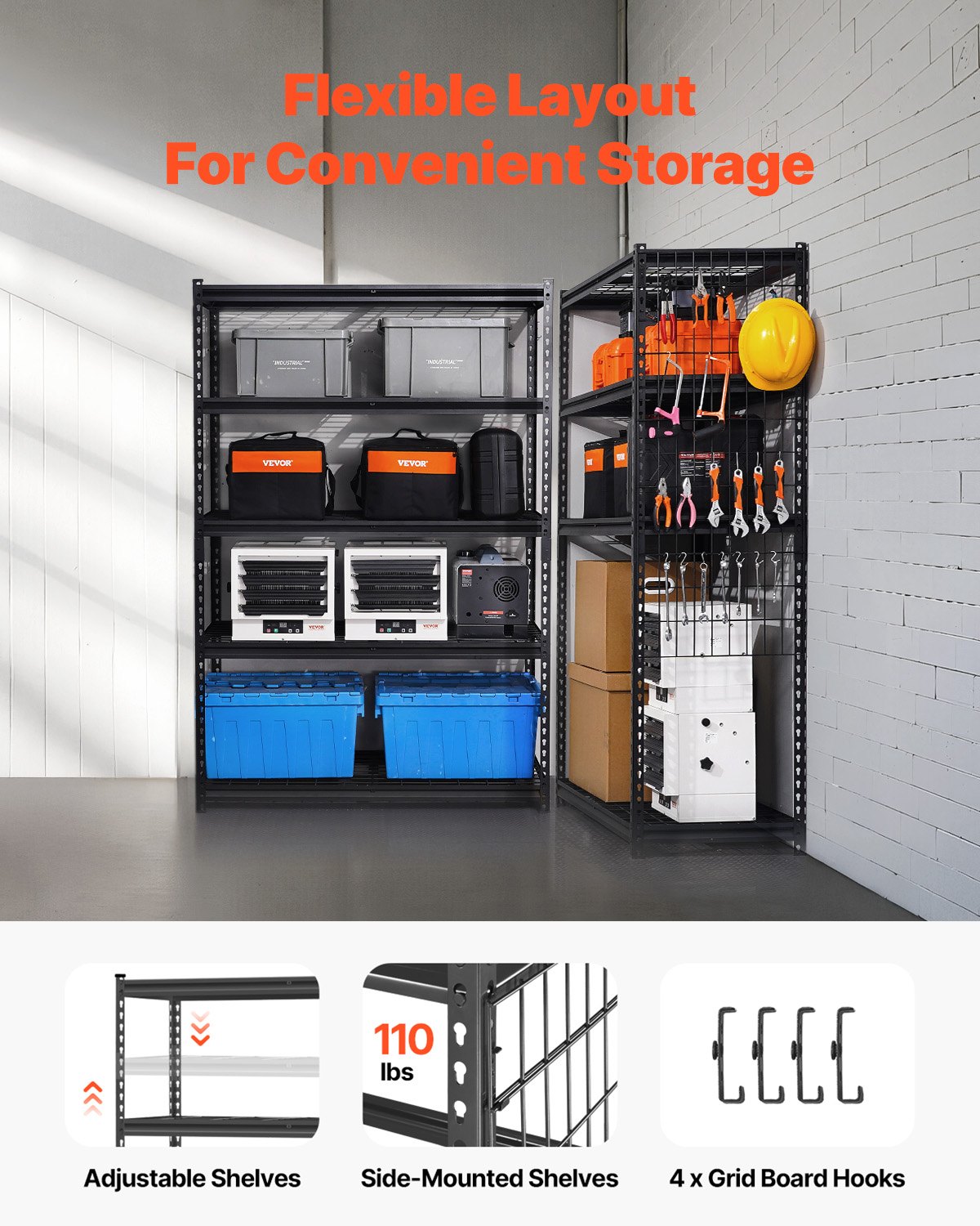 VEVOR Storage Shelving, 1361 kg, 5-Tier Heavy-Duty Shelving Unit for Garages, 508x1219.2x1828.8 mm, Adjustable Boltless Shelving Unit, Basement Shelving Unit, Industrial Shelving Unit, All-Purpose Shelving Unit, for Kitchen, Warehouse, Basement, Black
