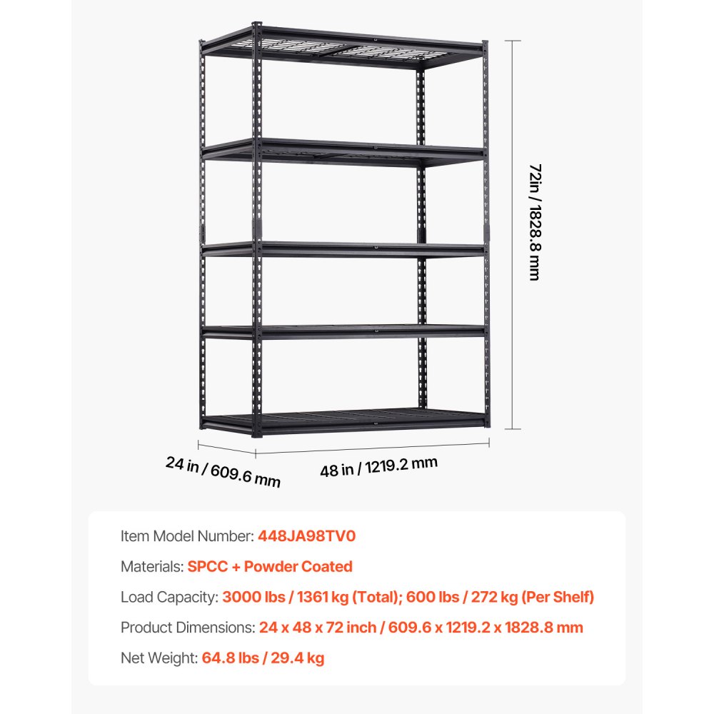 VEVOR Storage Shelving, 1361kg, 5-Tier Heavy Duty Shelving Unit for Garage, 609.6x1219.2x1828.8mm, Adjustable Shelving Units for Industrial Storage, General Purpose Shelving, Basement Shelving for Kitchen, Storage, Cellar, Black
