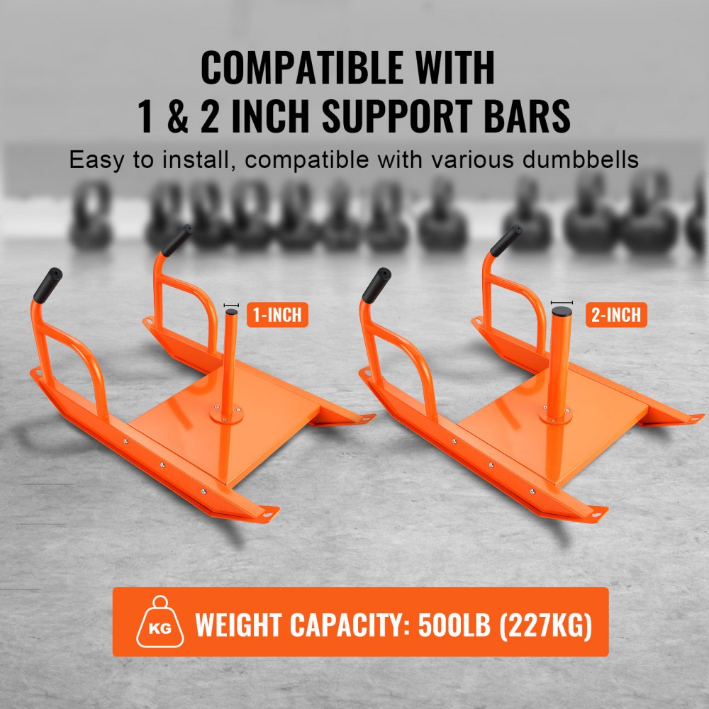 VEVOR Pull Sled for Strength Training, Fitness Strength and Speed Training Sled with Handle, Steel Training Device for Athletic Exercises, Suitable for 1- and 2-inch Weight Plates, Orange