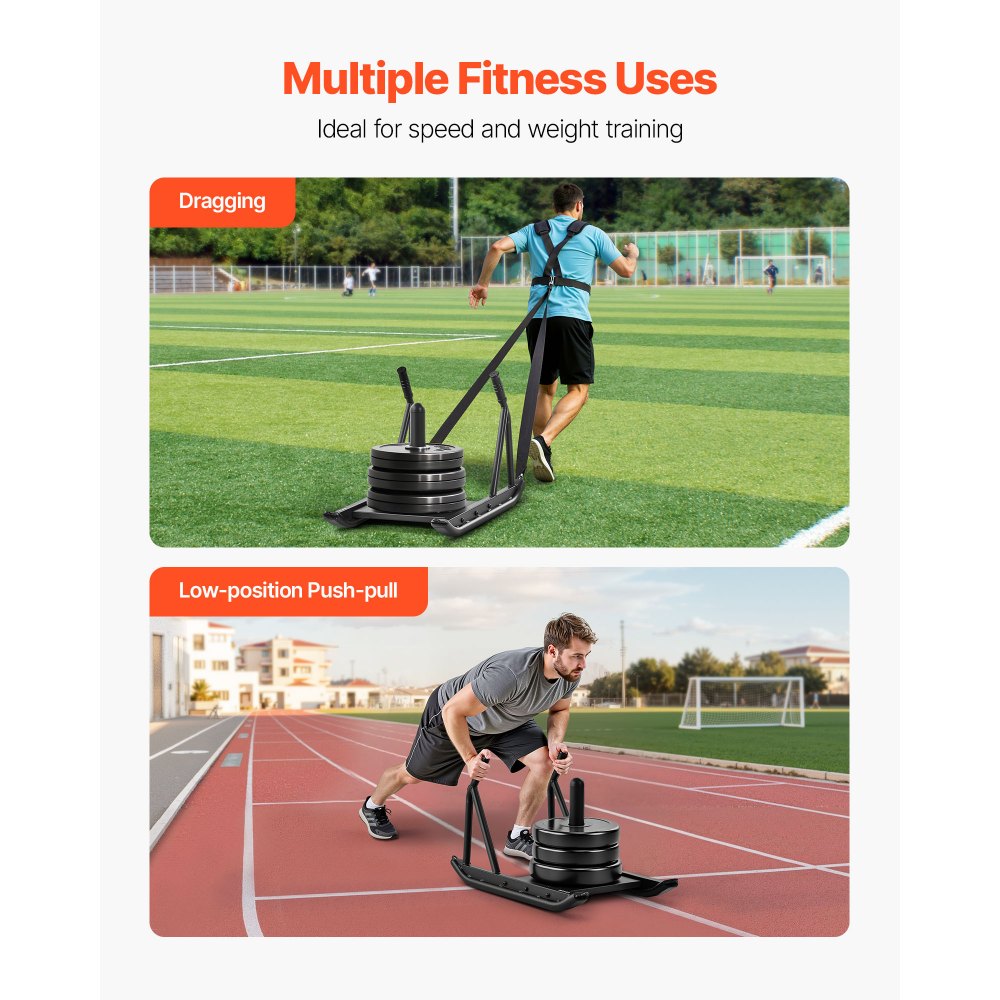 VEVOR Trineo de Pesas, Trineo de Entrenamiento de Fuerza para Mejorar la Velocidad en Ejercicios Atléticos, Equipo de Fitness con Asa, Compatible con Discos de Pesas 25/51 mm, 745 x 440 x 475 mm