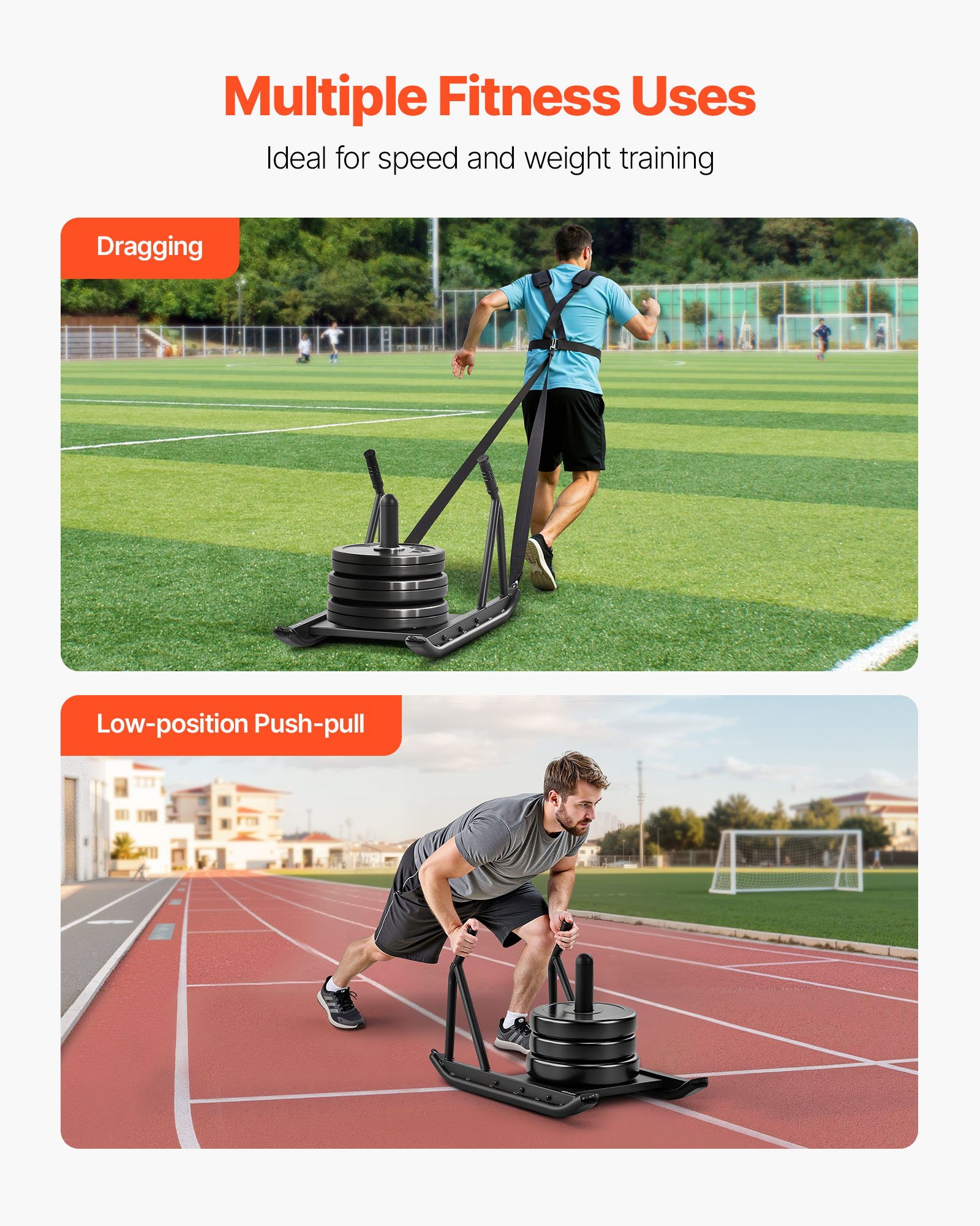 VEVOR Trineo de Pesas, Trineo de Entrenamiento de Fuerza para Mejorar la Velocidad en Ejercicios Atléticos, Equipo de Fitness con Asa, Compatible con Discos de Pesas 25/51 mm, 745 x 440 x 475 mm