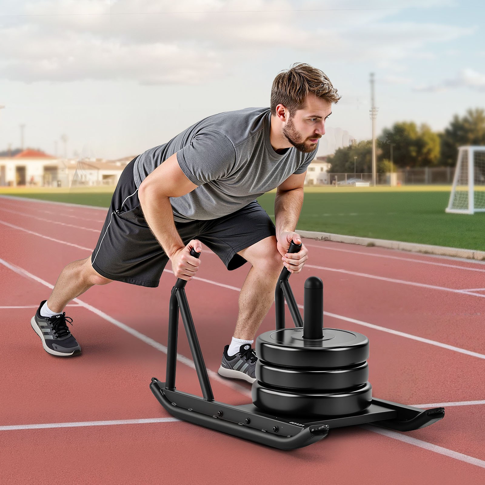 VEVOR Trineo de Pesas, Trineo de Entrenamiento de Fuerza para Mejorar la Velocidad en Ejercicios Atléticos, Equipo de Fitness con Asa, Compatible con Discos de Pesas 25/51 mm, 745 x 440 x 475 mm