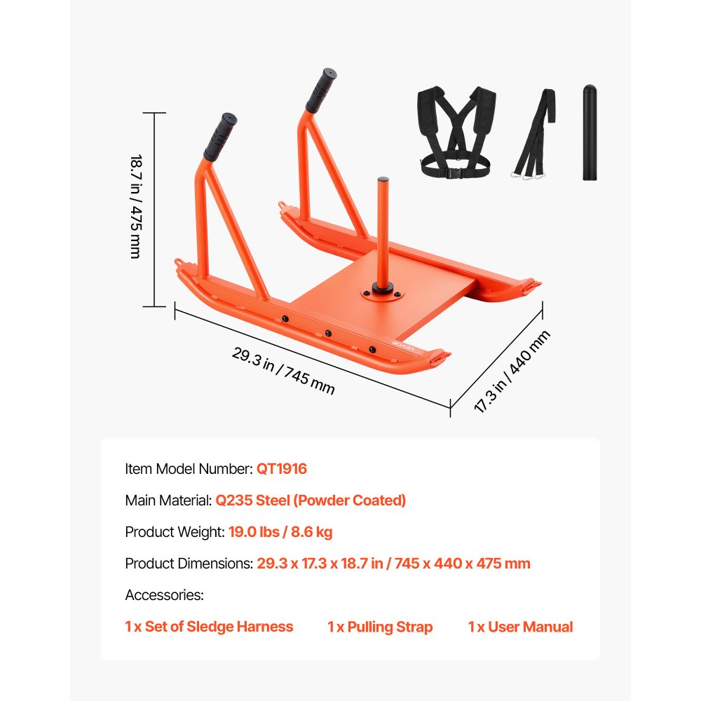 VEVOR Trineo de Potencia para Entrenamiento de Fuerza, para Mejorar la Velocidad en Ejercicios Atléticos, Equipo de Fitness con Asa, Compatible con Discos de 2,5/5/10/15/20/25 kg, Color Naranja