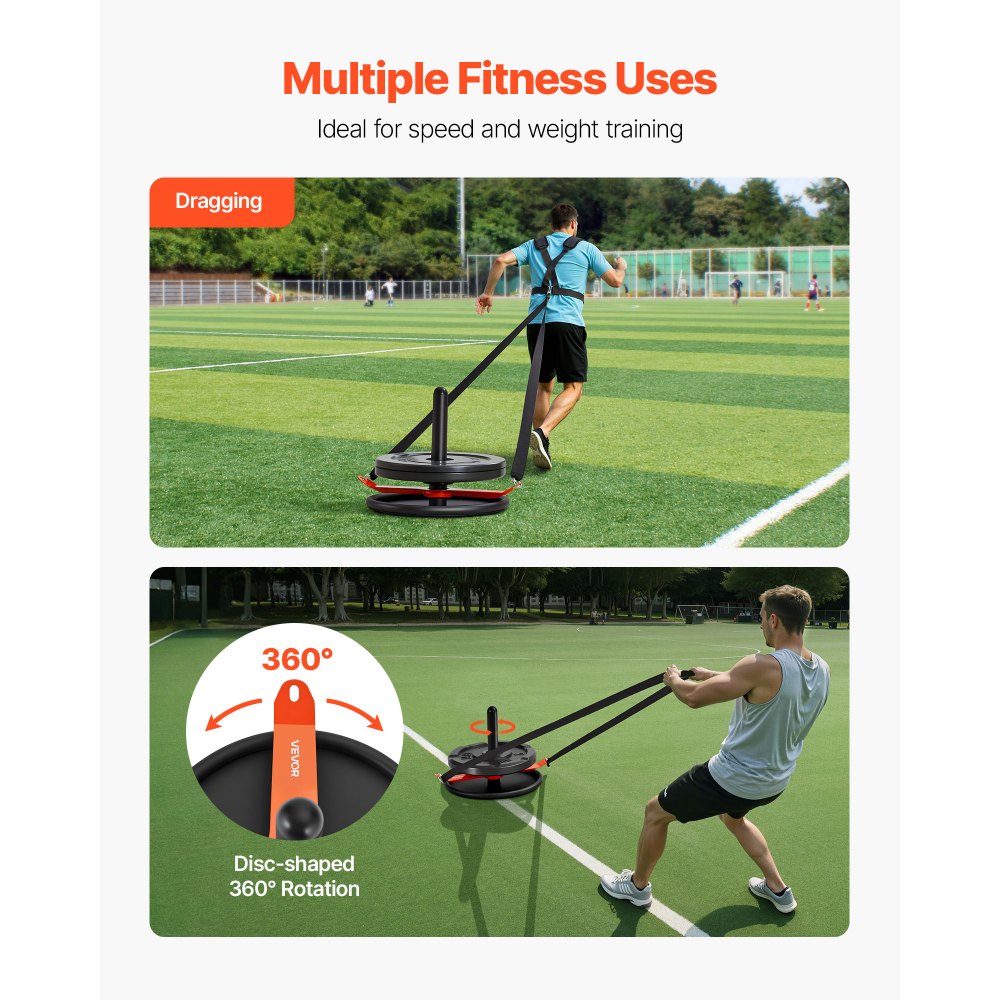 VEVOR Trineo de Entrenamiento de Fuerza para Mejorar la Velocidad en Ejercicios Atléticos, Equipo de Fitness con Arnés, Compatible con Discos de Pesas de 51 mm, Naranja y Negro, 562 x 460 x 410 mm