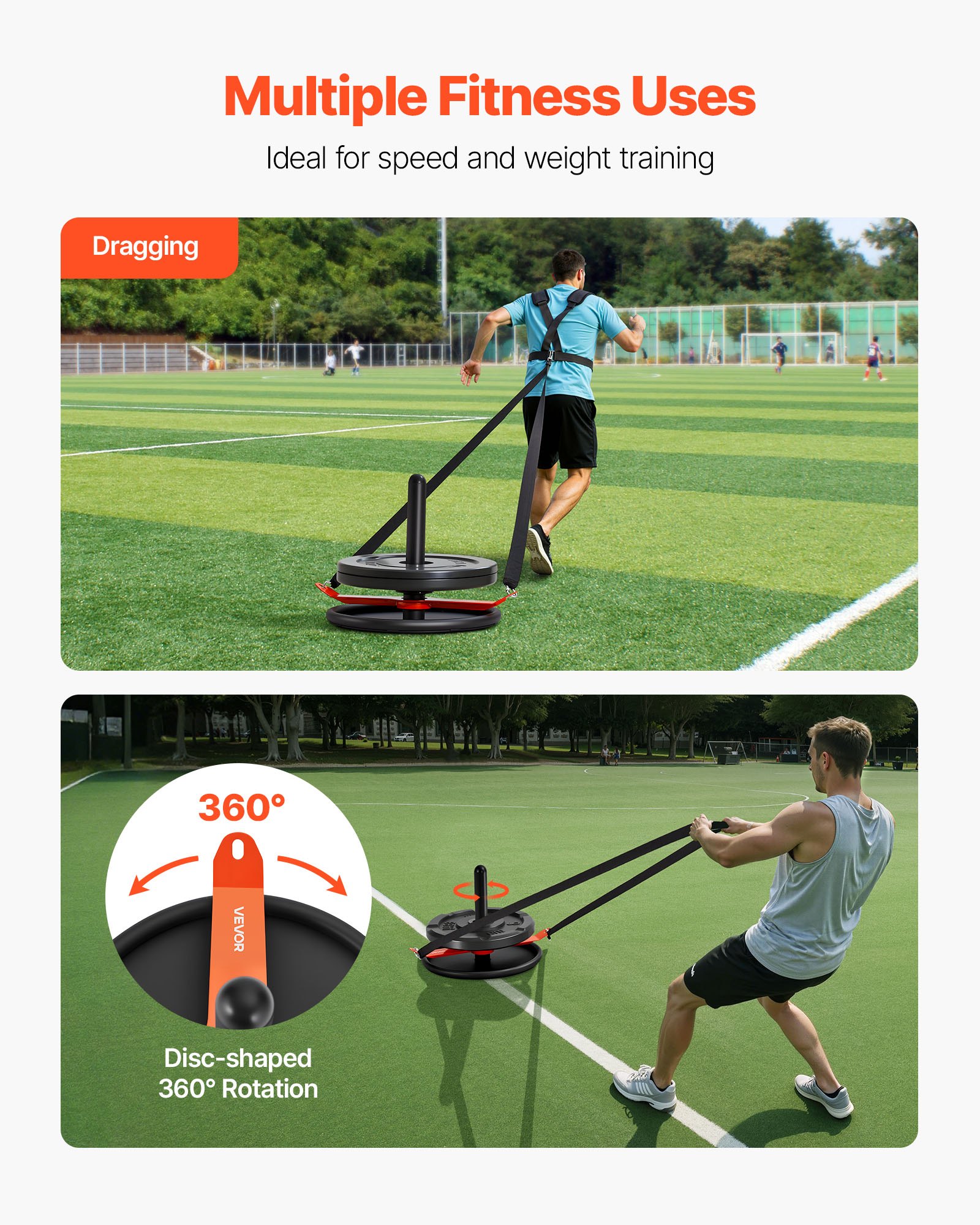 VEVOR Trineo de Entrenamiento de Fuerza para Mejorar la Velocidad en Ejercicios Atléticos, Equipo de Fitness con Arnés, Compatible con Discos de Pesas de 51 mm, Naranja y Negro, 562 x 460 x 410 mm