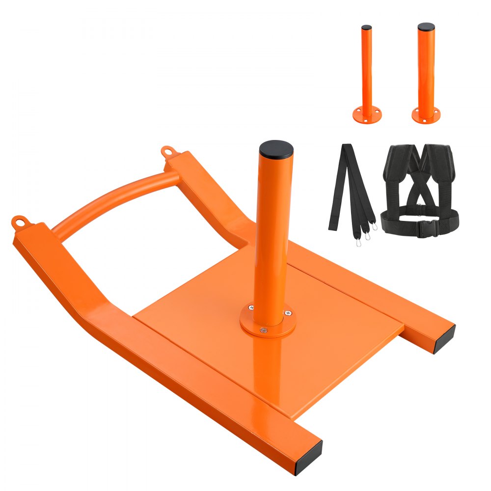 Trineo de entrenamiento con pesas VEVOR naranja con arnés y correas para entrenamiento de fuerza y fitness.