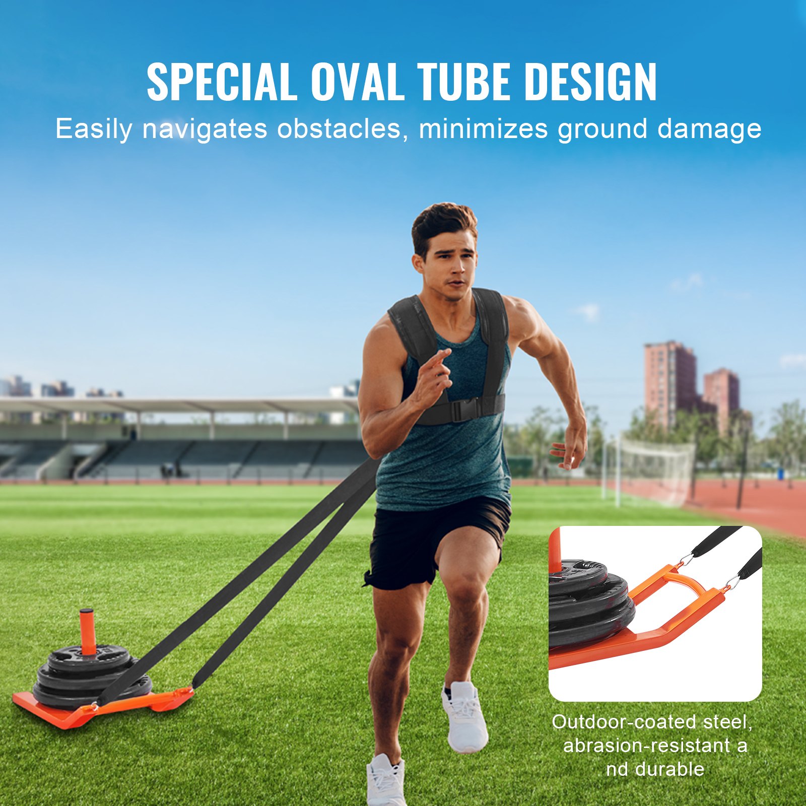 VEVOR Trineo Eléctrico de Tracción 550x350x300 mm Trineo Eléctrico de Fitness Equipo de Entrenamiento de Acero para Ejercicios Atléticos y Mejora de Velocidad para Placa de Pesas de 2,5-5 cm, Naranja
