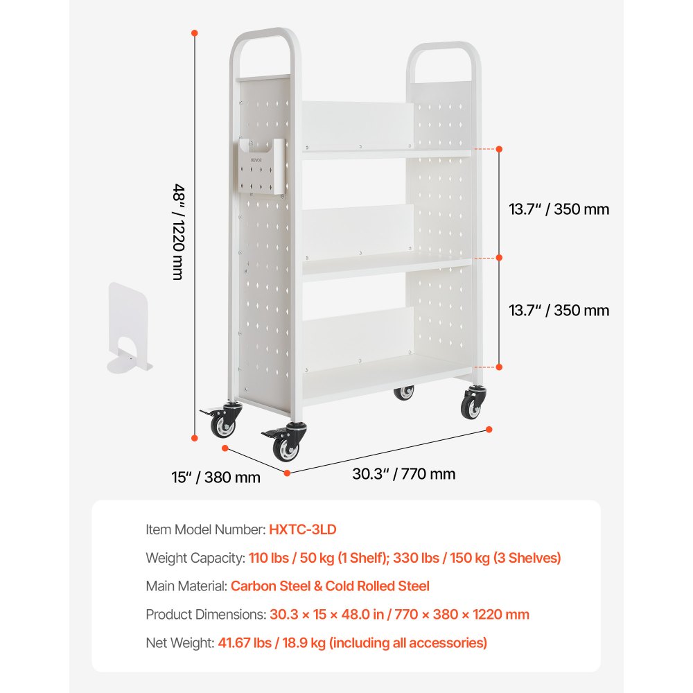 VEVOR Rolling Library Book Cart, 150 kg Capacity, 77 x 38 x 122 cm Library Cart, Single Sided L-Shaped Shelves with 76.2 mm Lockable Wheels, Book Truck for Home Shelves Office and School, White