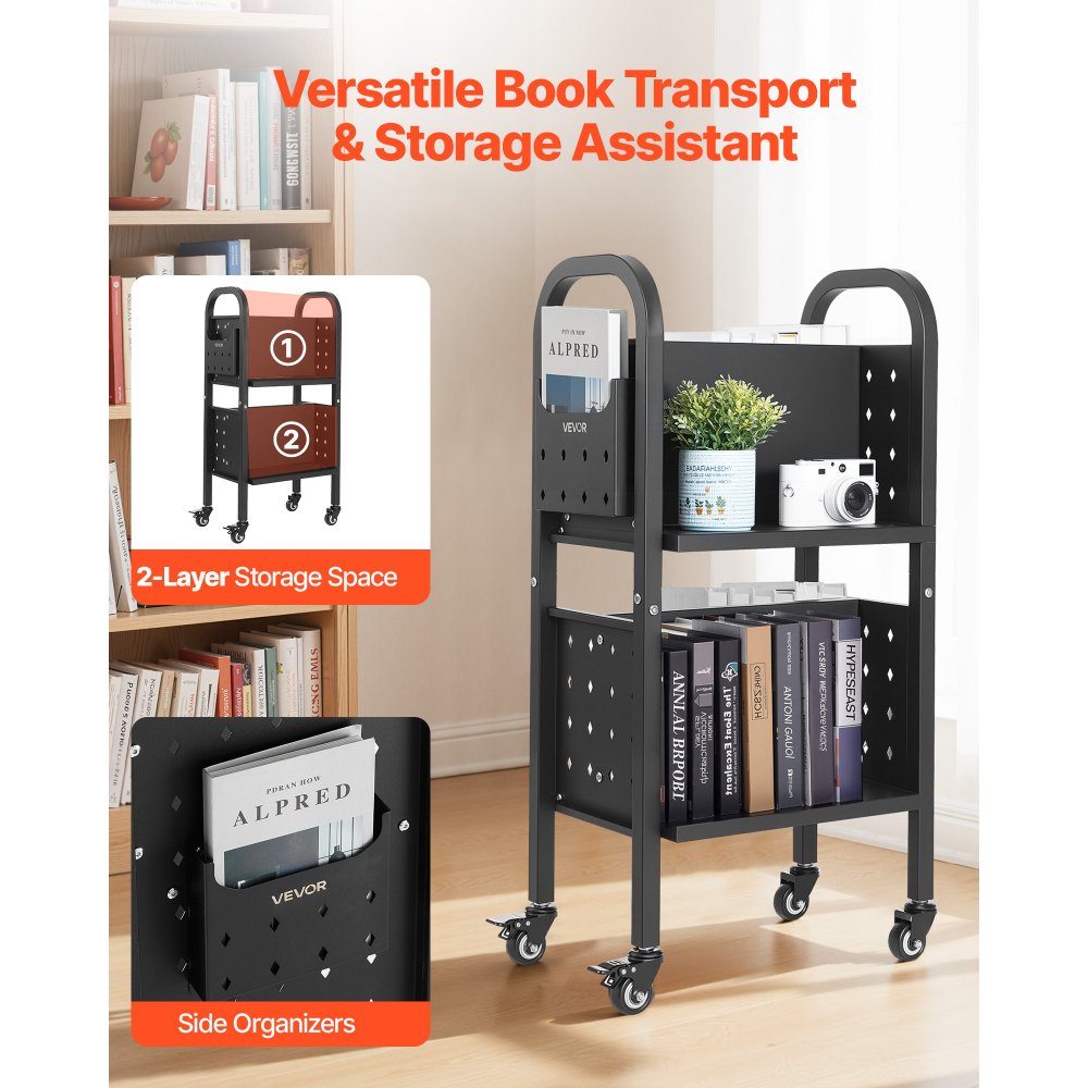 VEVOR Carro para Libros de 2 Niveles Estantería de Libros con Ruedas 45 x 33 x 88 cm Estante de Almacenamiento en Forma de L Doble Caro Carro Rodante para Biblioteca, Oficina, Escuela, Negro