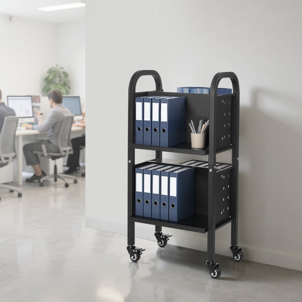 VEVOR Carro para Libros de 2 Niveles Estantería de Libros con Ruedas 45 x 33 x 88 cm Estante de Almacenamiento en Forma de L Doble Caro Carro Rodante para Biblioteca, Oficina, Escuela, Negro