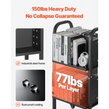 VEVOR Carro para Libros de 2 Niveles Estantería de Libros con Ruedas 45 x 33 x 88 cm Estante de Almacenamiento en Forma de L Doble Caro Carro Rodante para Biblioteca, Oficina, Escuela, Negro