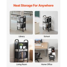 VEVOR Carro para Libros de 2 Niveles Estantería de Libros con Ruedas 45 x 33 x 88 cm Estante de Almacenamiento en Forma de L Doble Caro Carro Rodante para Biblioteca, Oficina, Escuela, Negro