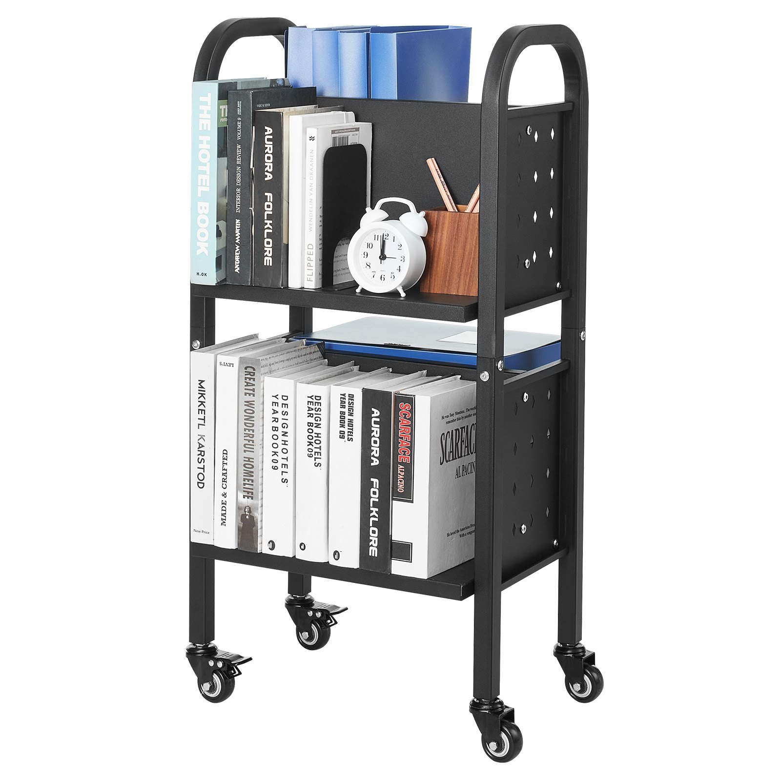 VEVOR Carro para Libros de 2 Niveles Estantería de Libros con Ruedas 45 x 33 x 88 cm Estante de Almacenamiento en Forma de L Doble Caro Carro Rodante para Biblioteca, Oficina, Escuela, Negro