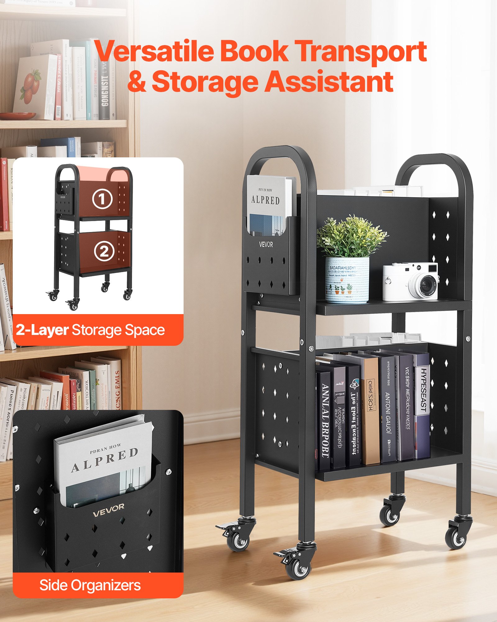 VEVOR Carro para Libros de 2 Niveles Estantería de Libros con Ruedas 45 x 33 x 88 cm Estante de Almacenamiento en Forma de L Doble Caro Carro Rodante para Biblioteca, Oficina, Escuela, Negro