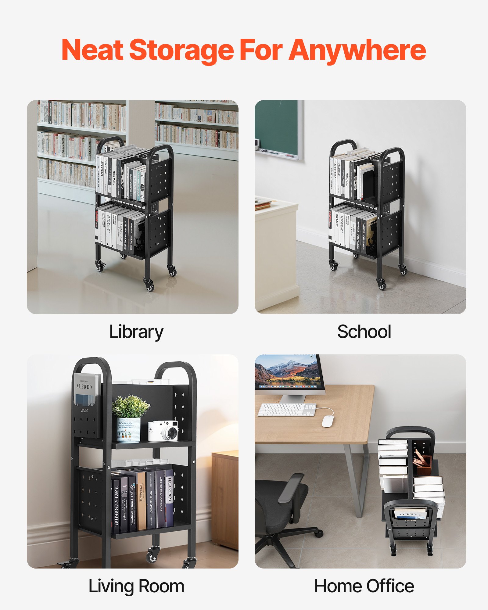 VEVOR Carro para Libros de 2 Niveles Estantería de Libros con Ruedas 45 x 33 x 88 cm Estante de Almacenamiento en Forma de L Doble Caro Carro Rodante para Biblioteca, Oficina, Escuela, Negro