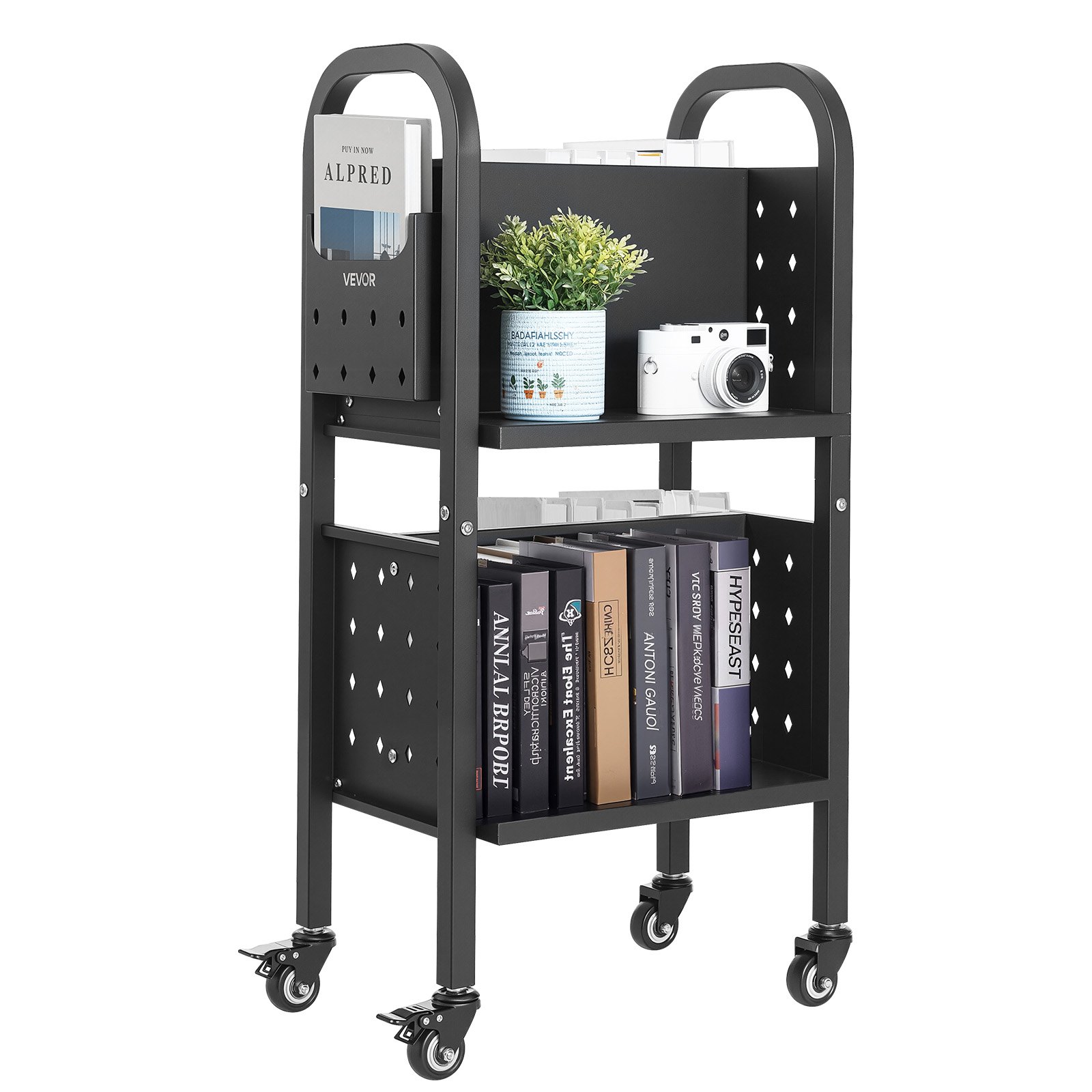 VEVOR Carro para Libros de 2 Niveles Estantería de Libros con Ruedas 45 x 33 x 88 cm Estante de Almacenamiento en Forma de L Doble Caro Carro Rodante para Biblioteca, Oficina, Escuela, Negro
