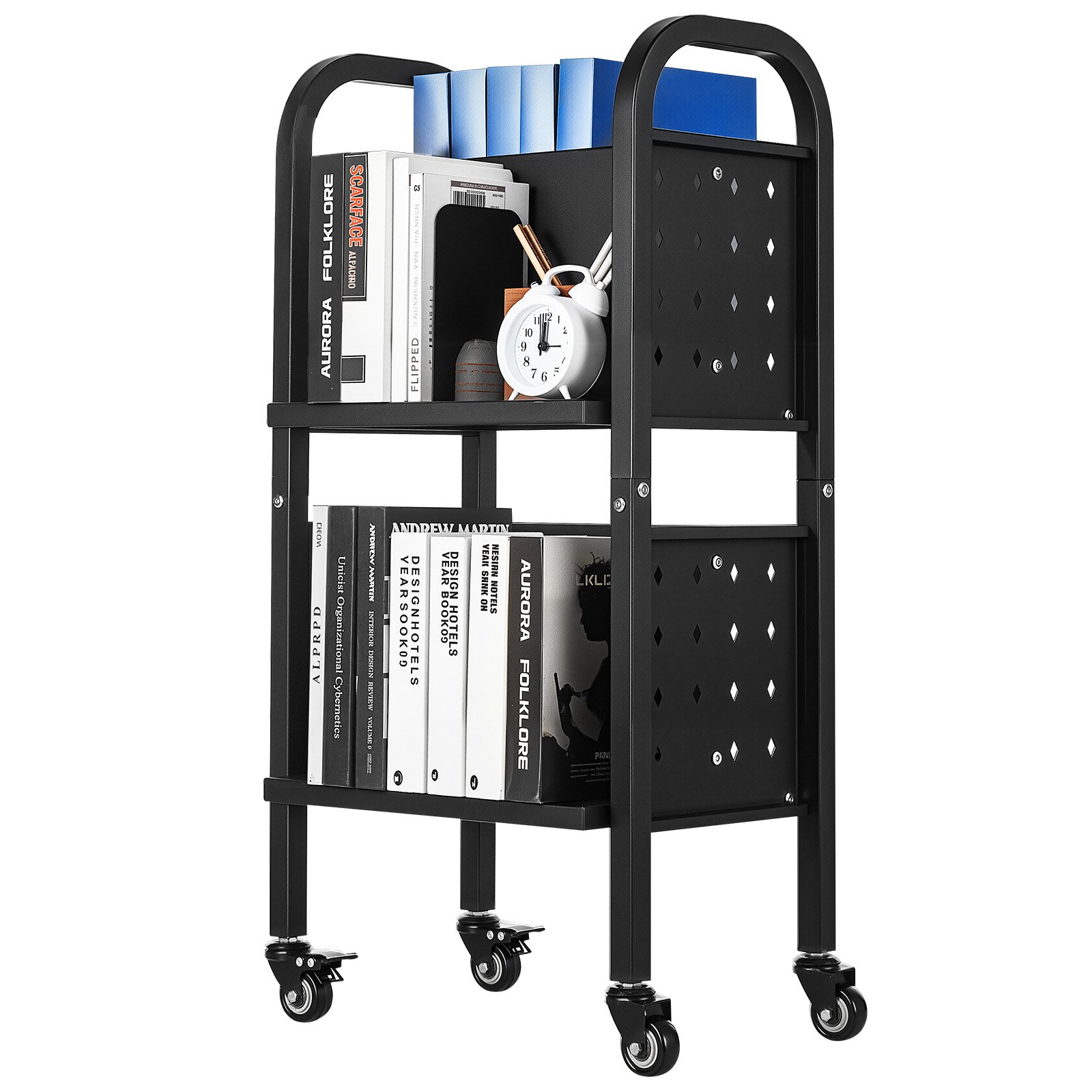 VEVOR Carro para Libros de 2 Niveles Estantería de Libros con Ruedas 45 x 33 x 88 cm Estante de Almacenamiento en Forma de L Doble Caro Carro Rodante para Biblioteca, Oficina, Escuela, Negro