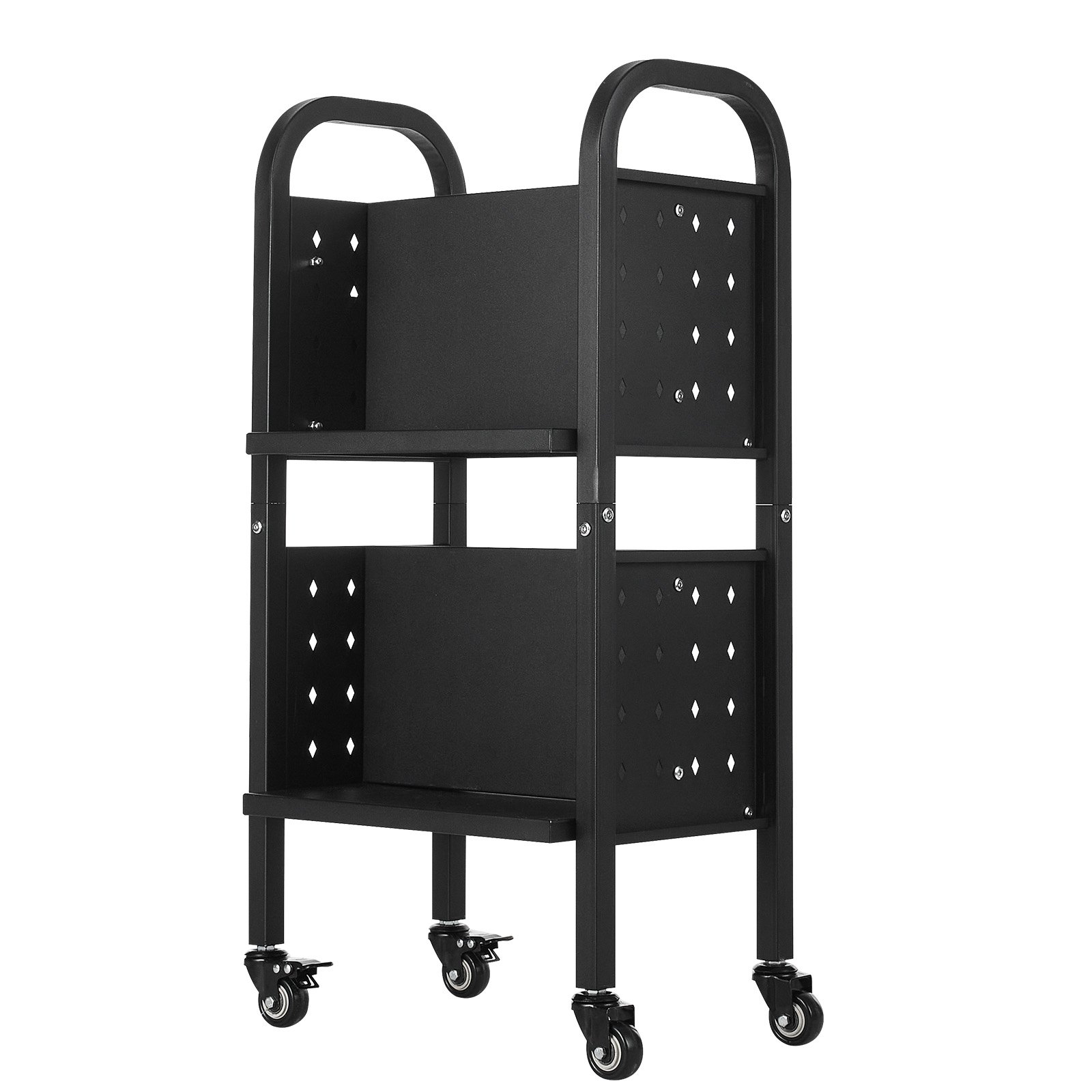 VEVOR Carro para Libros de 2 Niveles Estantería de Libros con Ruedas 45 x 33 x 88 cm Estante de Almacenamiento en Forma de L Doble Caro Carro Rodante para Biblioteca, Oficina, Escuela, Negro