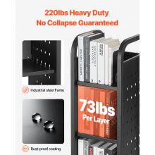 VEVOR Carro para Libros de 3 Niveles Estantería de Libros con Ruedas 32 x 35 x 93,5 cm Estante de Almacenamiento en Forma de L Carro Rodante para Biblioteca, Librería, Oficina, Escuela, Negro