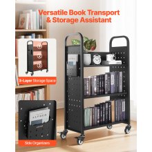 VEVOR Carro para Libros de 3 Niveles Estantería de Libros con Ruedas 77 x 38 x 122 cm Estante de Almacenamiento en Forma de L Carro Rodante para Biblioteca, Librería, Oficina, Escuela, Negro