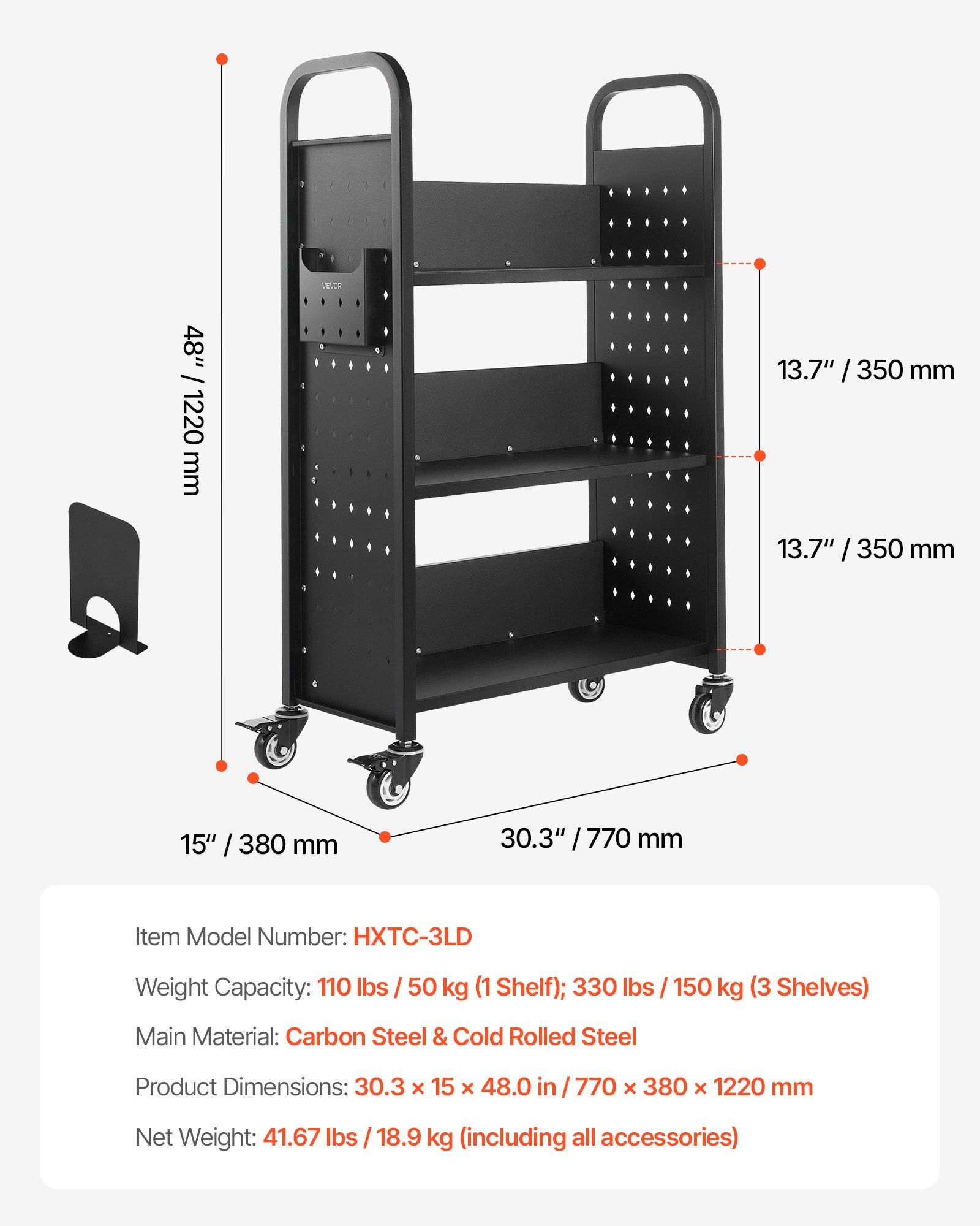 VEVOR Carro para Libros de 3 Niveles Estantería de Libros con Ruedas 77 x 38 x 122 cm Estante de Almacenamiento en Forma de L Carro Rodante para Biblioteca, Librería, Oficina, Escuela, Negro