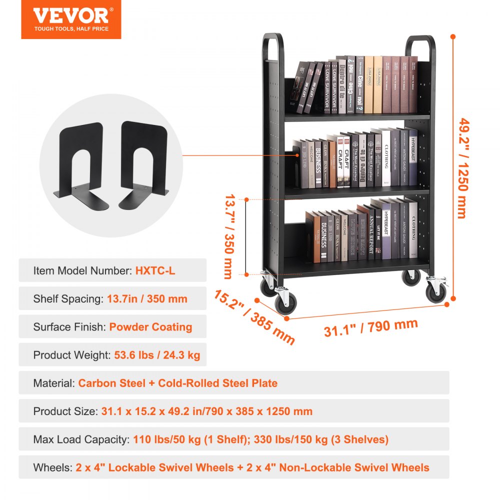 VEVOR Carro para Libros, Carro para Biblioteca con Estante Plano de un Solo Lado en Forma de L, 150 kg, 790 x 385 x 1250 mm, Ruedas Bloqueables, Almacenamiento de Libros para Escuela, Negro