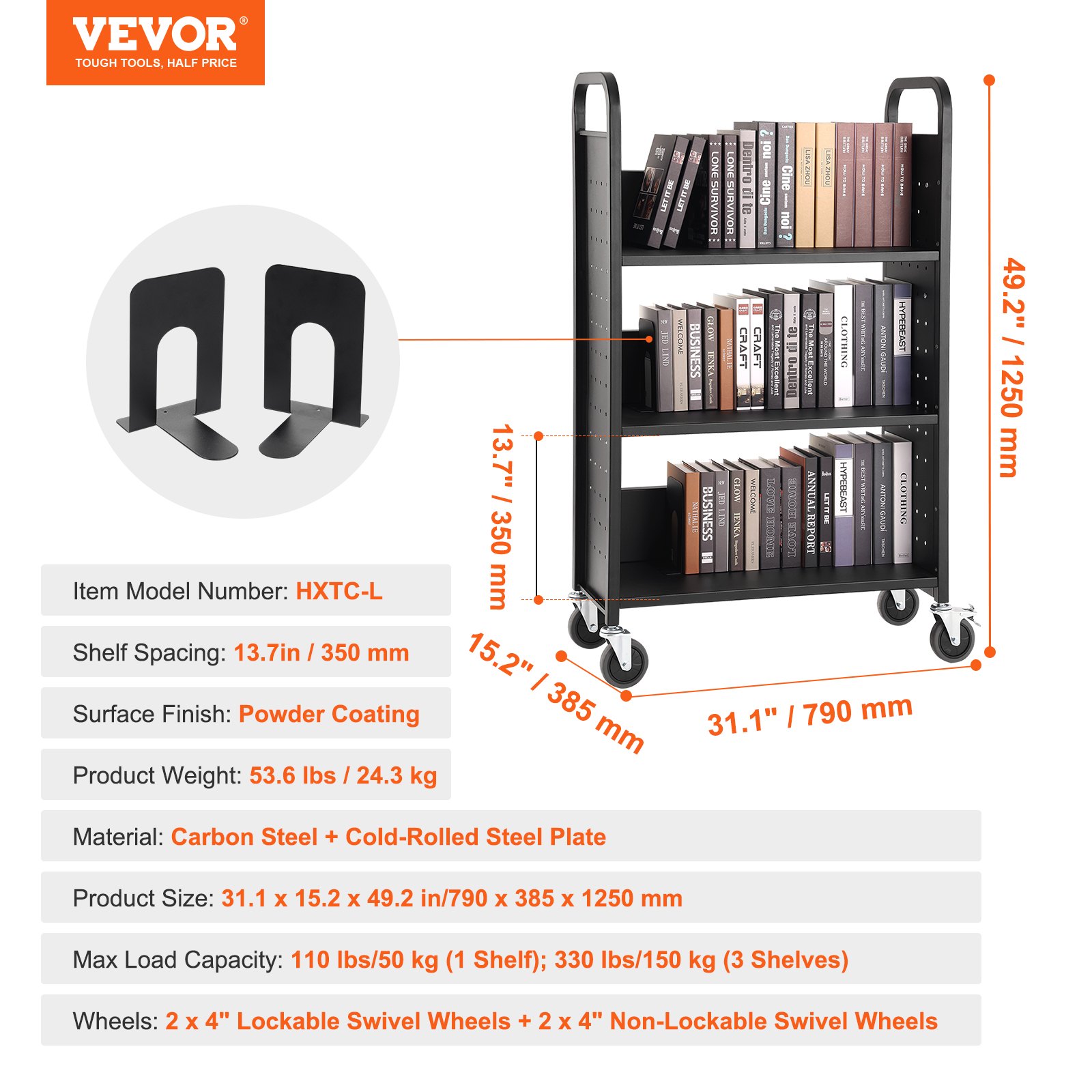 VEVOR Carro para Libros, Carro para Biblioteca con Estante Plano de un Solo Lado en Forma de L, 150 kg, 790 x 385 x 1250 mm, Ruedas Bloqueables, Almacenamiento de Libros para Escuela, Negro