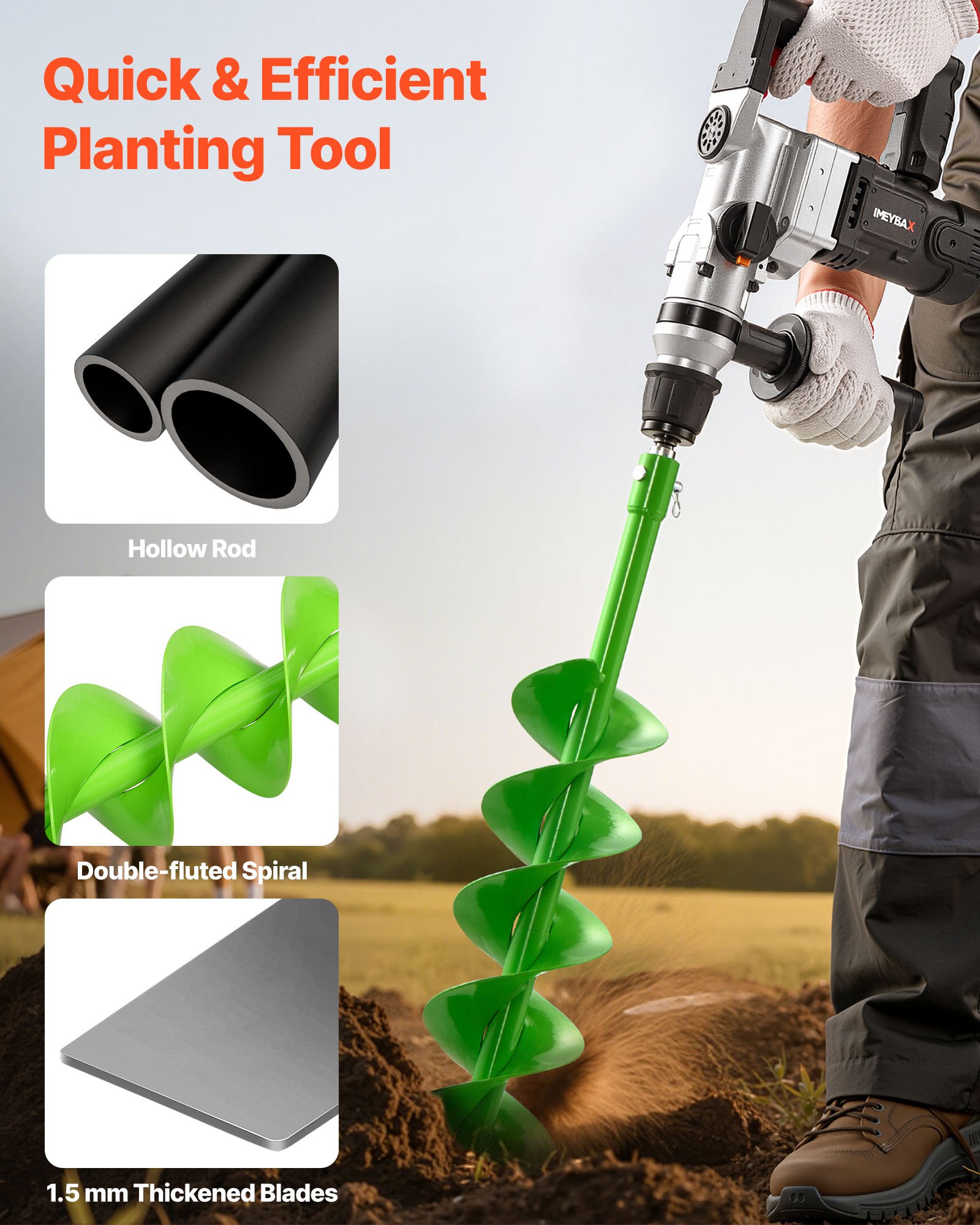 VEVOR Broca Helicoidal para Plantar Ø 100 x 790 mm Compatible con Taladros de 20 mm de Diámetro Interior, Herramienta para Plantar Bulbos, Accesorios para Perforar Postes y Cercas de Jardín, Verde
